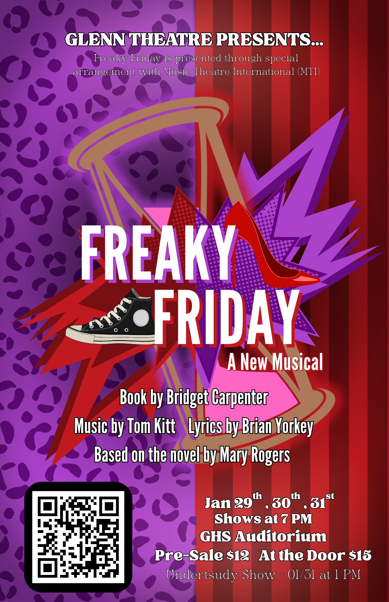 Promotion poster for Disney's musical 'Freaky Friday,' presented by Tom Glenn High School Theatre, scheduled for January 2026. The poster features large, bold, red and yellow text with an hourglass in the center.