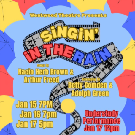 Poster for Westwood Theatre production of 'Singing in the Rain' with dates and times, featuring musical notes and film strip design.