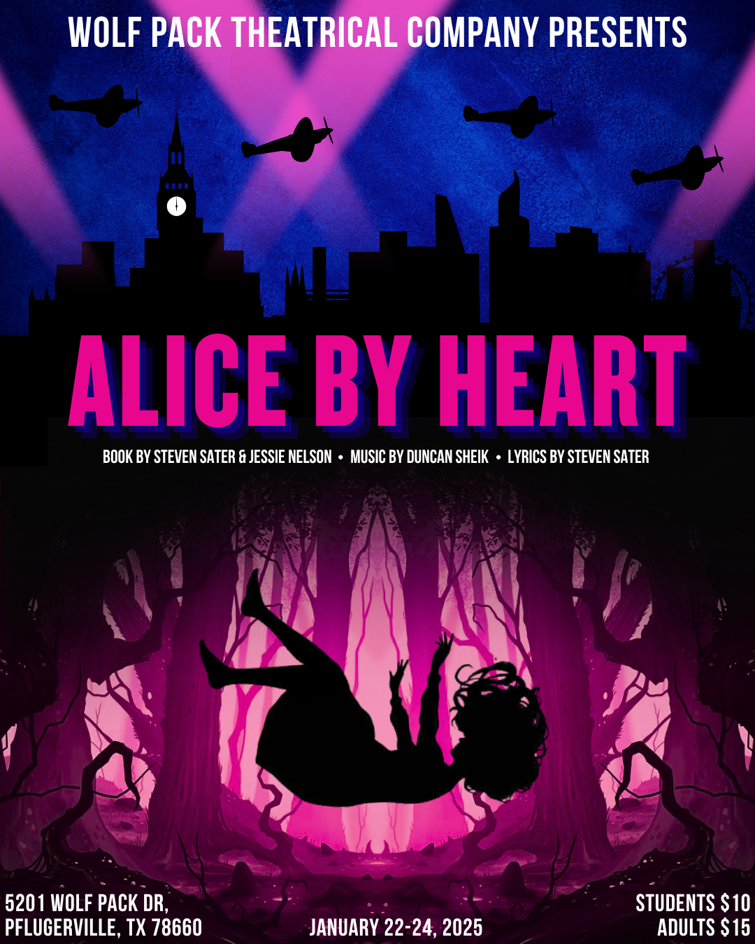 The poster features a dark silhouette of a city skyline with buildings and landmarks, under pink and purple stage lights, with three airplanes flying above. The title of the play, "Alice by Heart," is prominently displayed in bold, pink and purple letters. Below, there is a dark, mystical forest scene with a silhouetted girl falling among twisted trees, all in purple hues. Additional text provides information about the play's authors, venue, dates, and ticket prices.