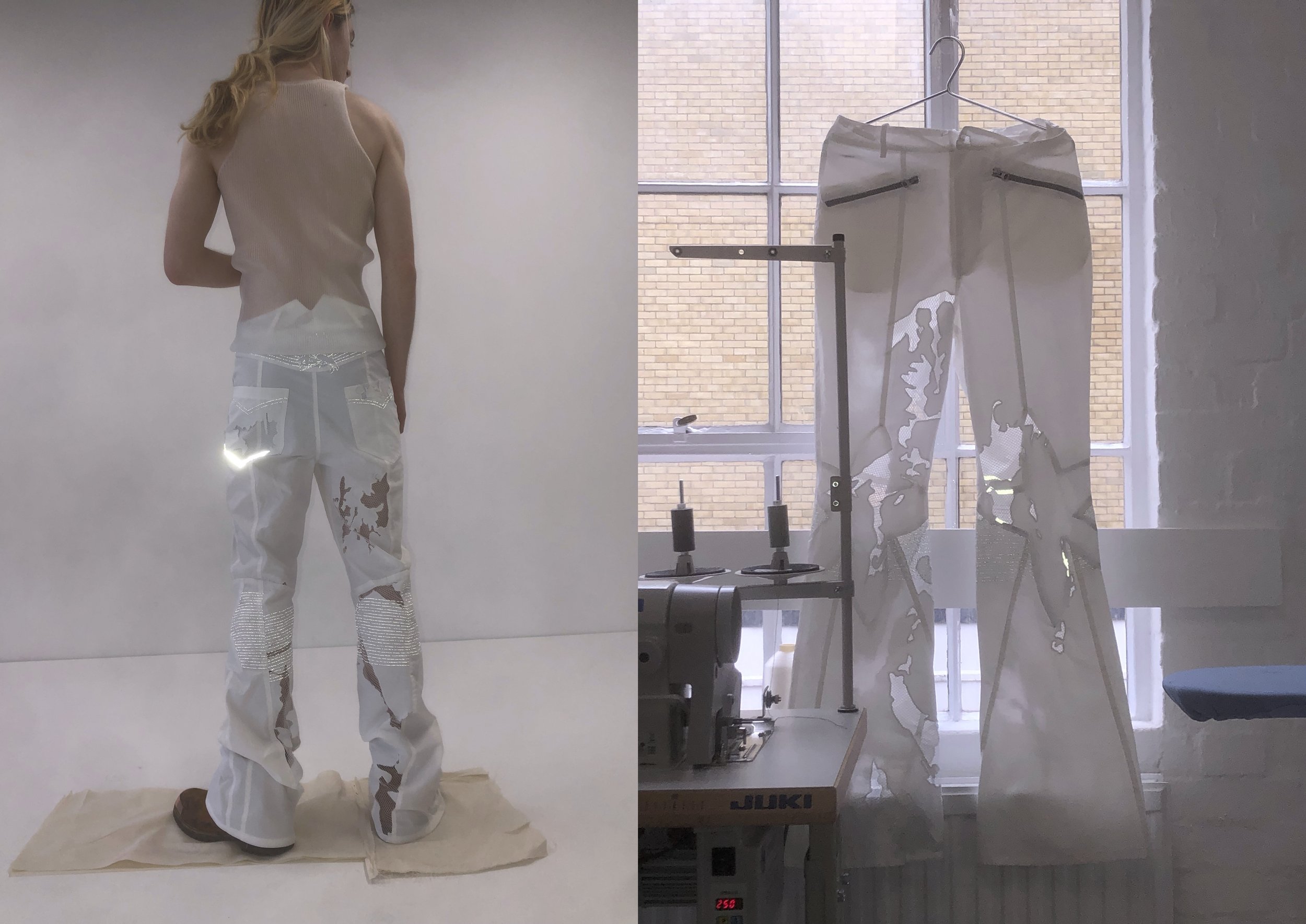 Person wearing a beige sleeveless top and white pants with cut-out designs on the left, and the same pants hanging in front of a large window next to a sewing machine on the right.