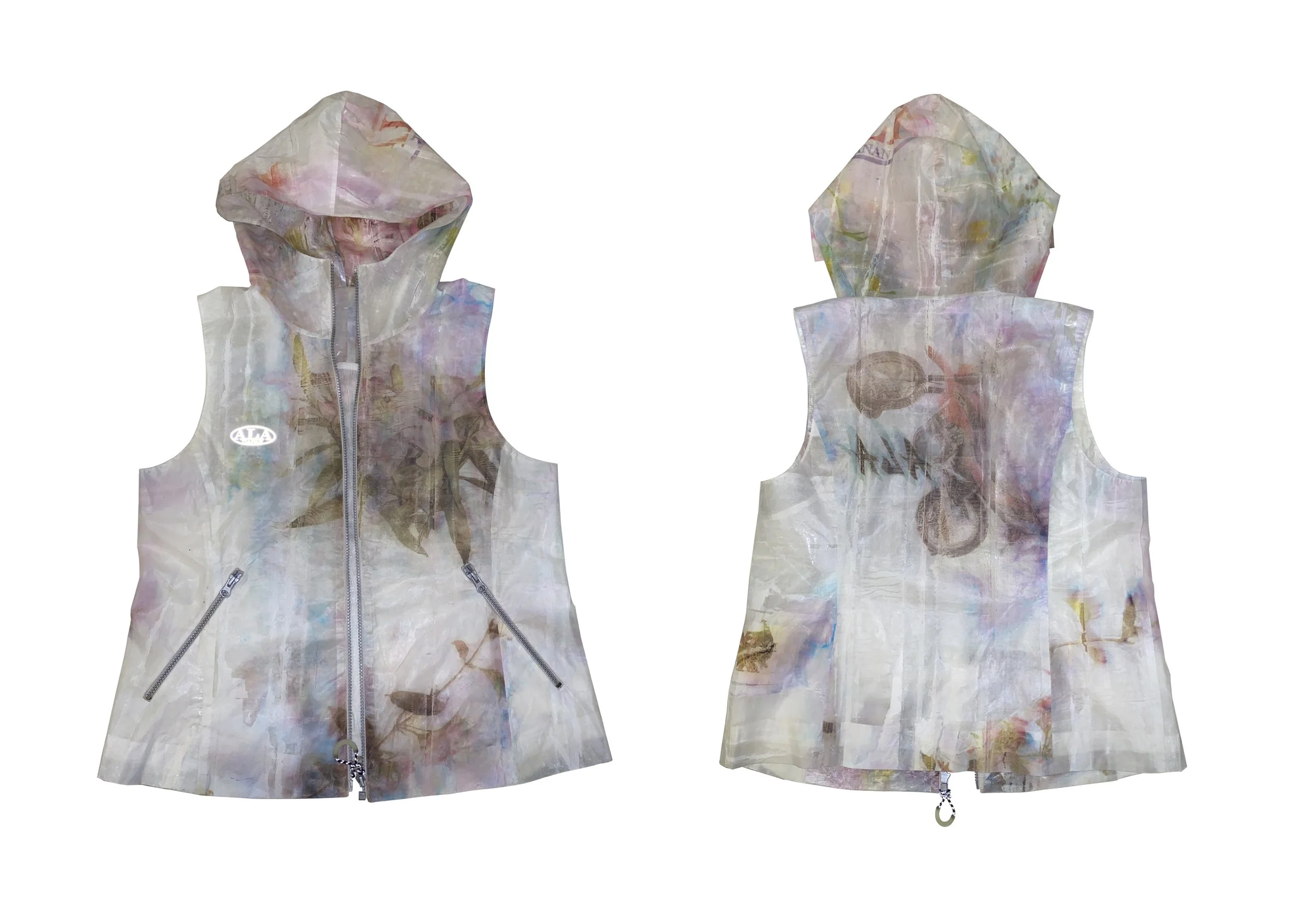 Hooded vest with abstract floral design, front and back view
