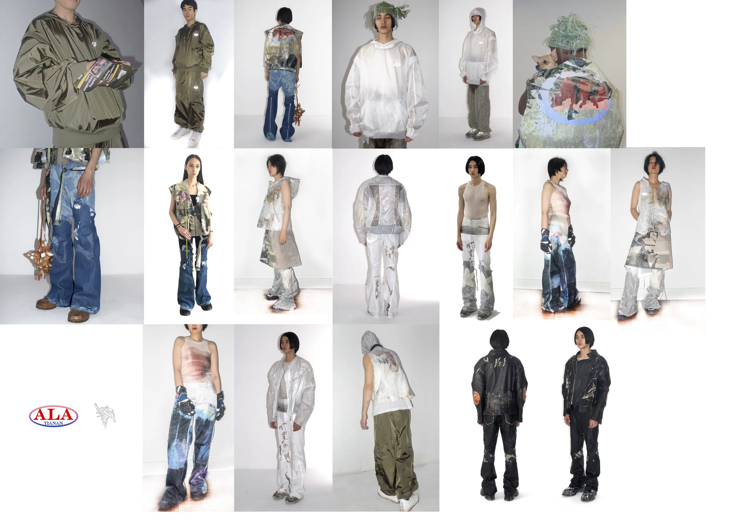 Collection showcasing various models wearing avant-garde and eclectic fashion pieces, including oversized jackets, printed pants, and unique accessories. The designs feature a mix of materials, textures, and prints, highlighting experimental streetwe