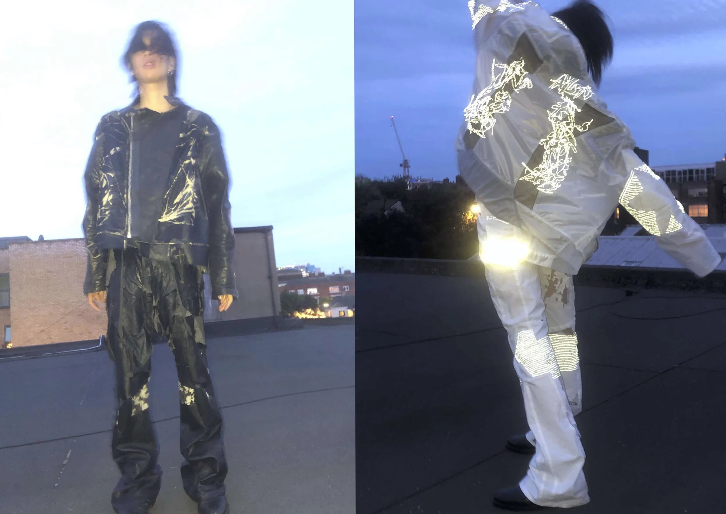 Two individuals on a rooftop wearing reflective and dark abstract patterned outfits, with the sky in the background at dusk.