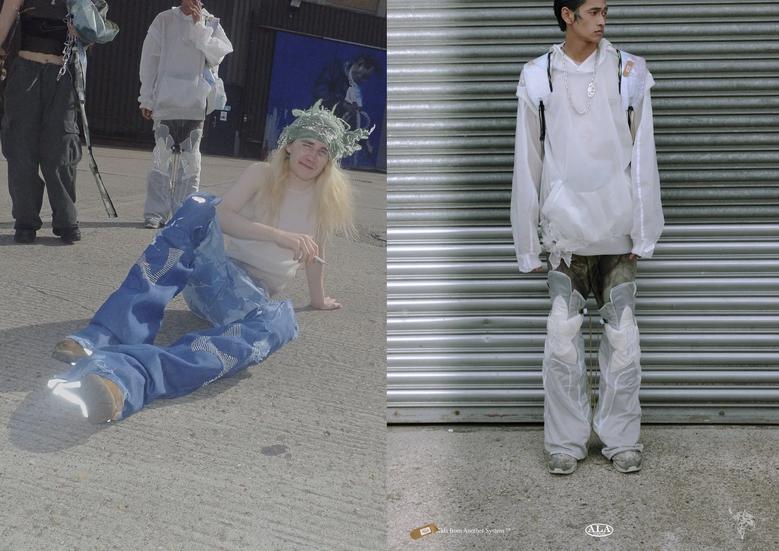 Group of people in avant-garde fashion, with someone sitting on the ground, wearing wide-leg jeans, and another standing against a shutter, in a white outfit and futuristic design shoes.