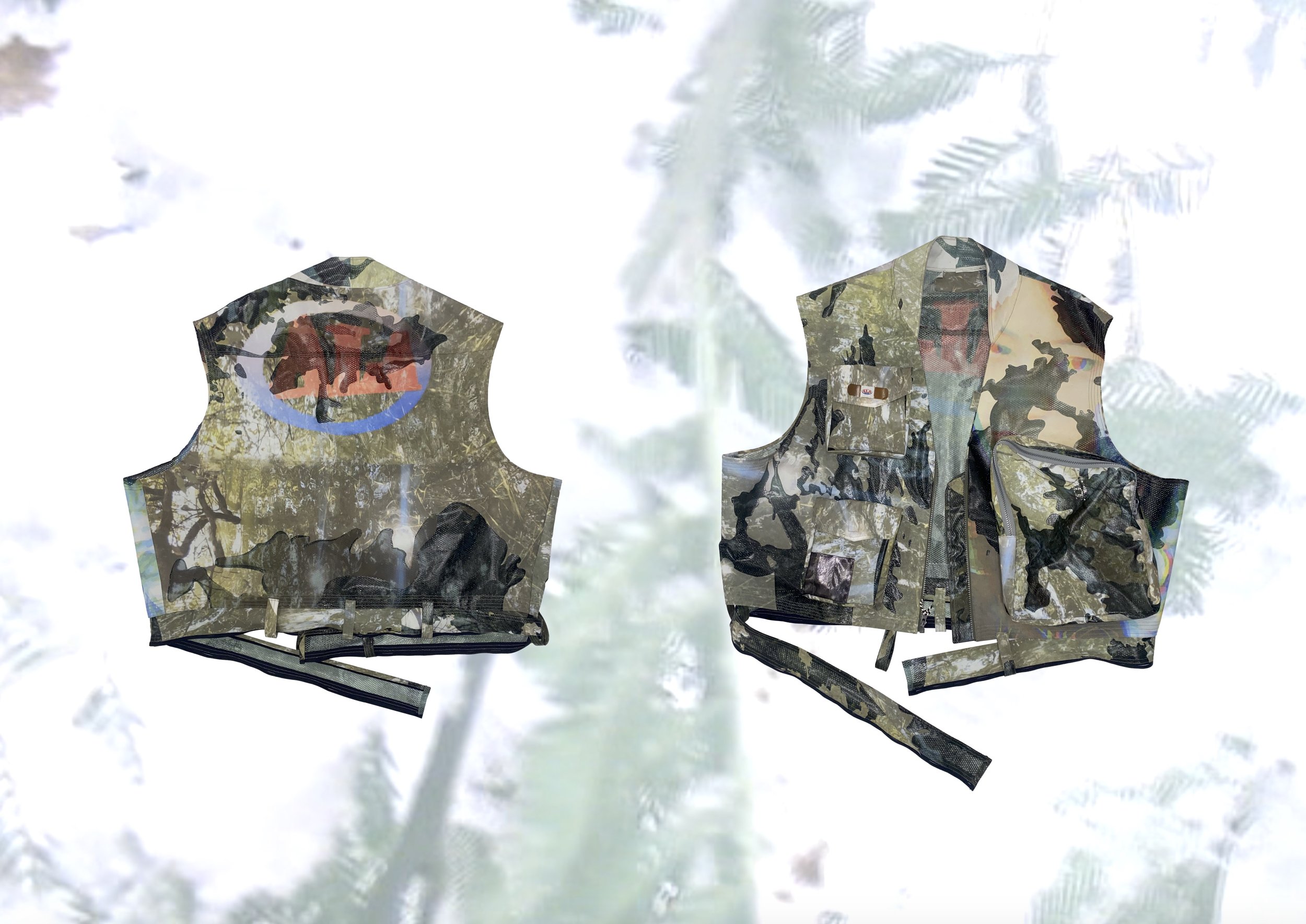 Two camouflage tactical vests displayed front and back against a blurred background of tree branches.