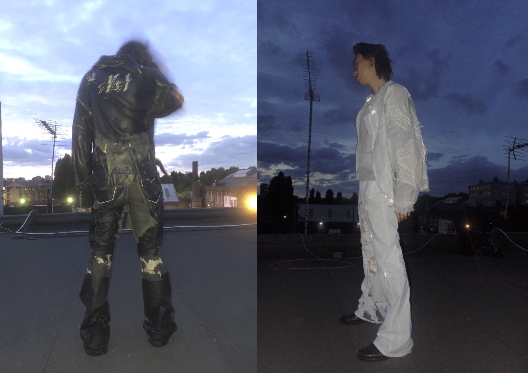 Two people on a rooftop at dusk, one wearing black clothing with a hood and the other in white attire. Dark and cloudy sky in the background.
