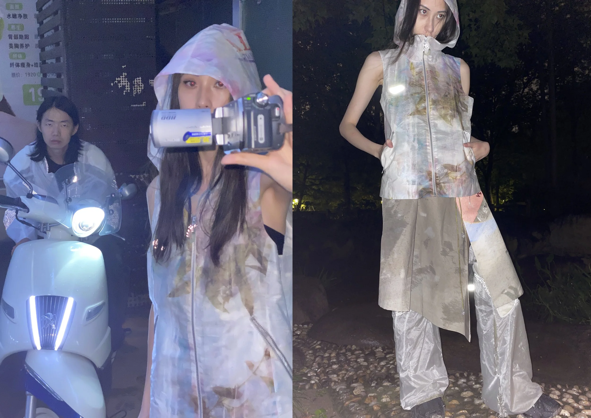 Two people in stylish outfits, one holding a video camera and wearing a hooded vest, standing next to a scooter, the other wearing a long, flowing outfit with reflective elements, in a nighttime setting.