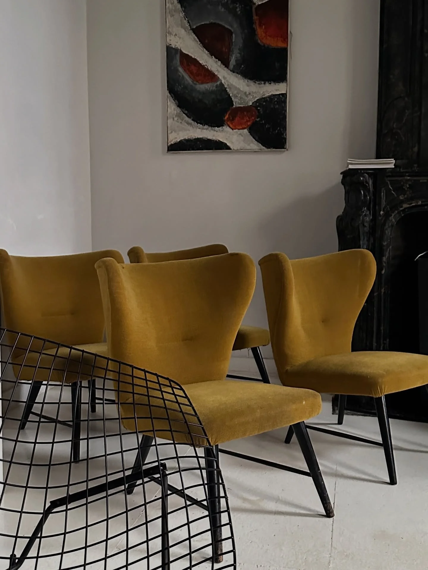 4 x Italian ochre lounge chairs, 1950&rsquo;s
In charming vintage condition with some discolouration of the fabric and allover wear. There are no tears or holes in the fabric. 
Also sold separately
Worldwide shipping available