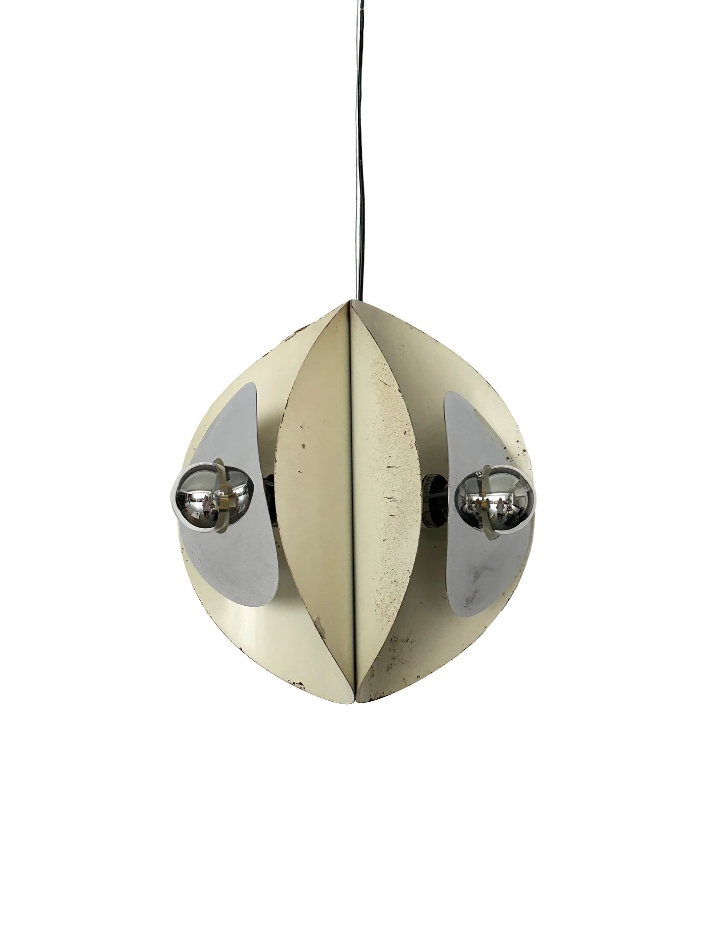 Dans son jus (French expression) - describes an object preserved in its original state, with visible age, patina, and wear; untouched by restoration.

1970&rsquo;s Italian space-age chandelier in chrome and enamelled metal, attributed to Goffredo Reg