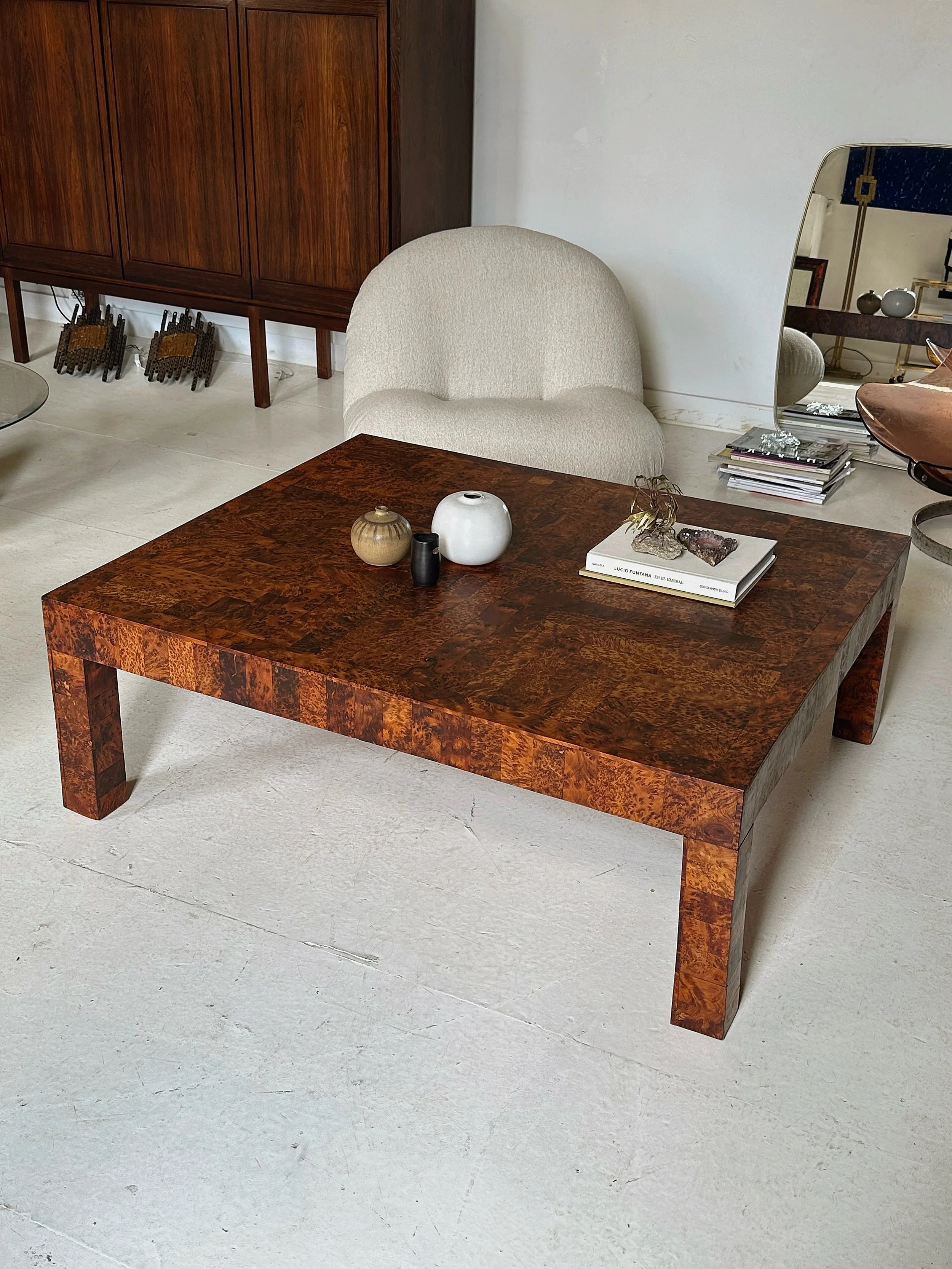 Statement piece: unique checkered elmwood burl table, private order, Belgium, circa 2000