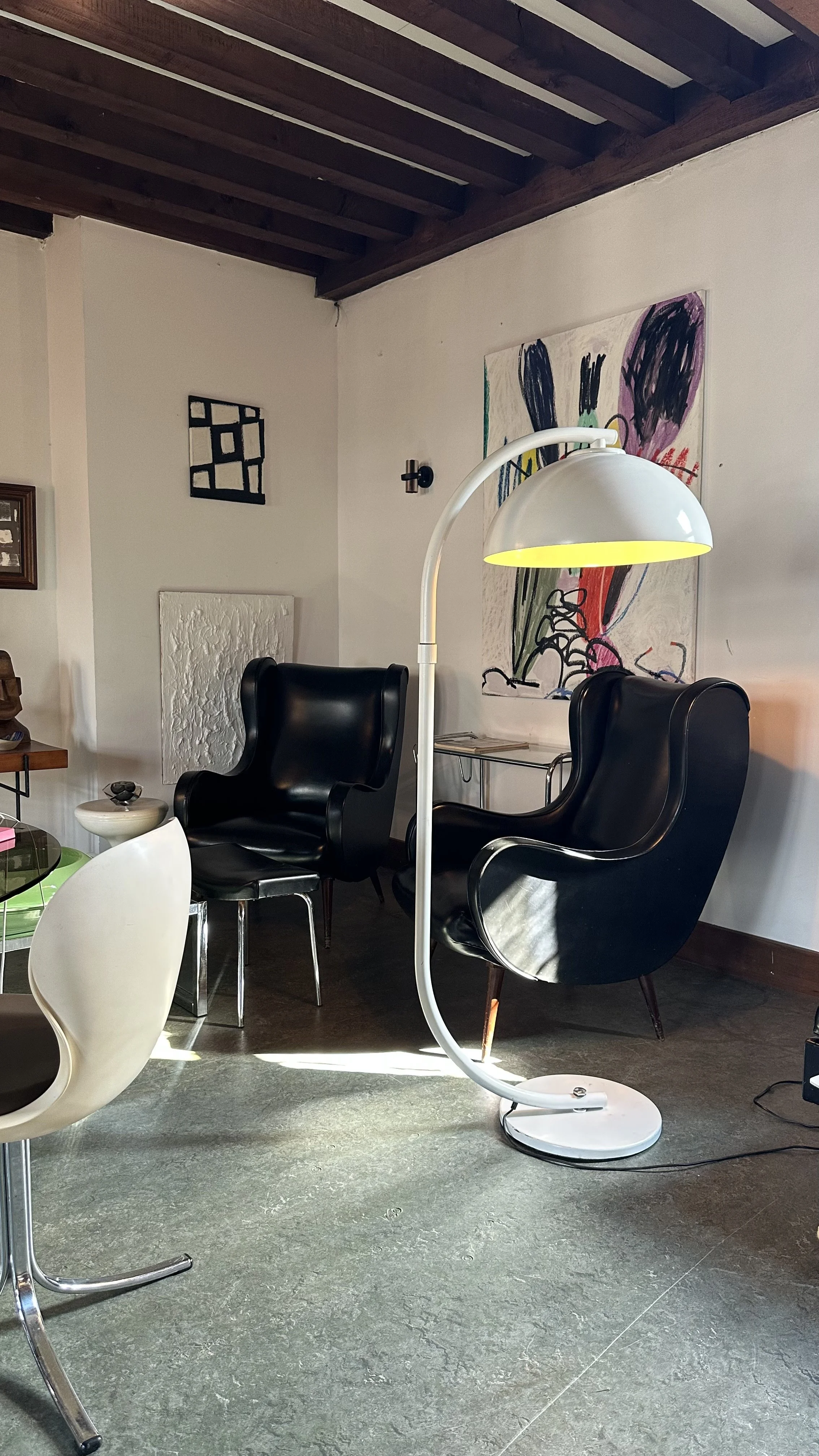 Mid century design white arc floor lamp.jpeg