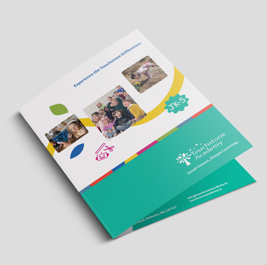 Touchstone Academy brochure cover featuring children learning and playing, colorful graphics, and text “Experience the Touchstone Difference” with school details for JK–5, emphasizing small classes and deeper learning.