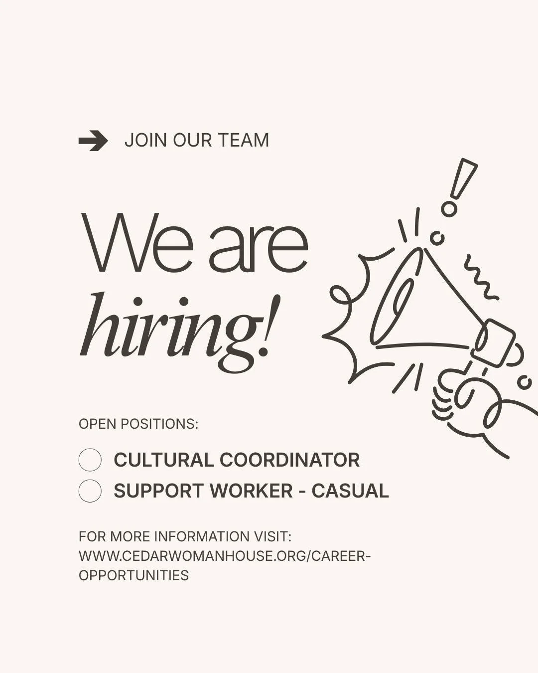 Join our team!

We are excited to share two open postings for a Cultural Coordinator position and a Casual Support Worker position. 

For more information please visit: https://www.cedarwomanhouse.org/career-opportunities