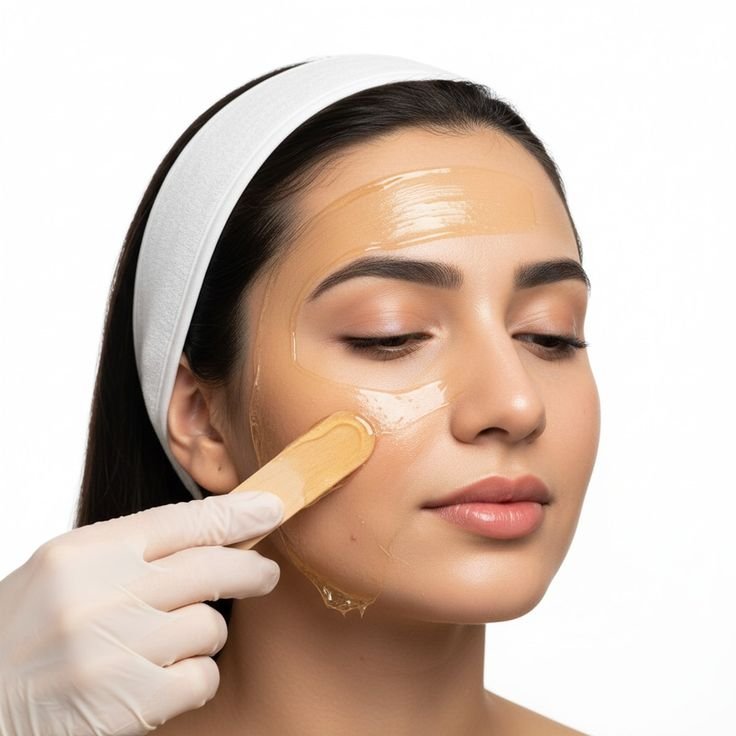 Close-up of a person wearing earrings holding up a white facial mask to their face, with a focus on the mask and hand.