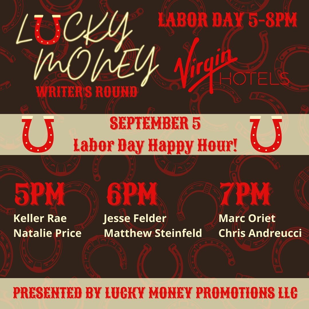 HOUR EARLY FOR LABOR DAY ONLY🍹🍸🥂🍾 Tonight only the Lucky Money Writer&rsquo;s Round will be from 5-8pm⭐️⭐️ Followed by a special @samsjamsnashville for live music the whole night spanning from 5-11pm🤩 @virginhotelsnsh is the place to be tonight!