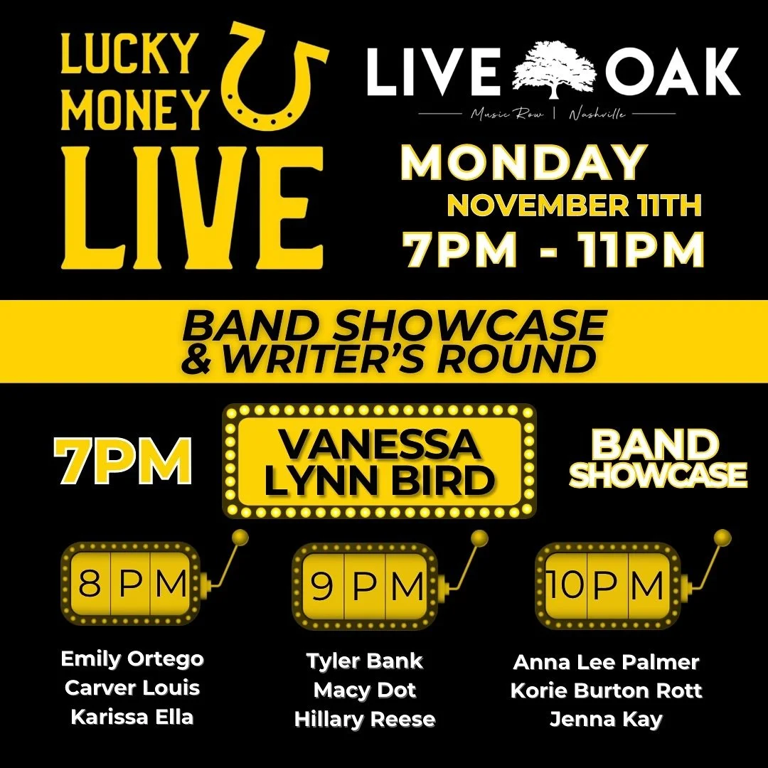 TONIGHT! Come hang with us at @live_oak_nashville with a special performance from @vanessalynnbird followed by a stacked writers round lineup! 🤩 We can&rsquo;t wait to see you there! 🍻