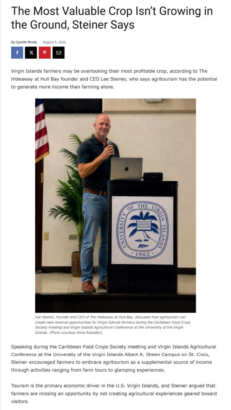 An article clipping of founder, Lee Steiner, giving a talk about the future of agritourism