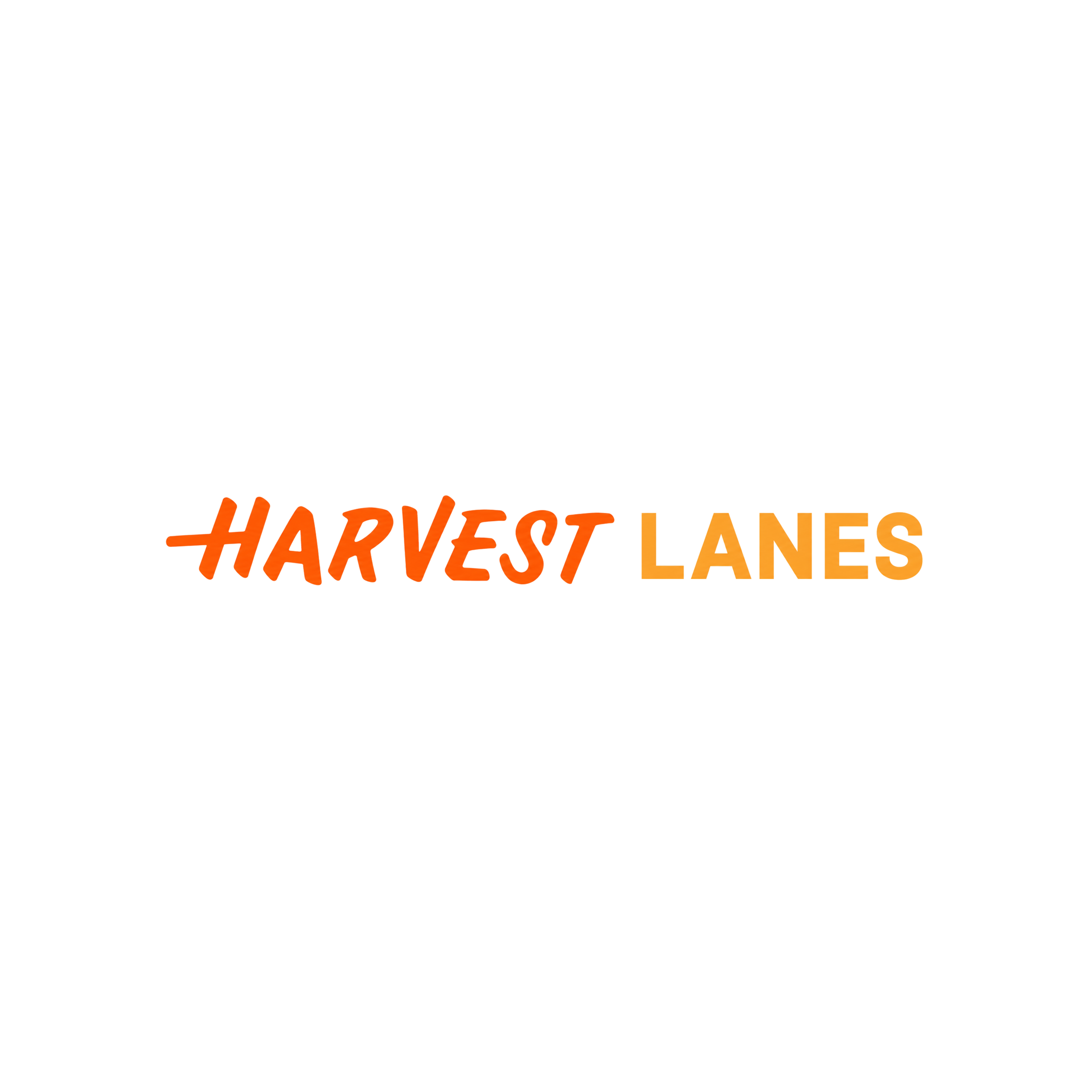 A neon sign with the words "Harvest Lanes" in orange and yellow letters against a black background.