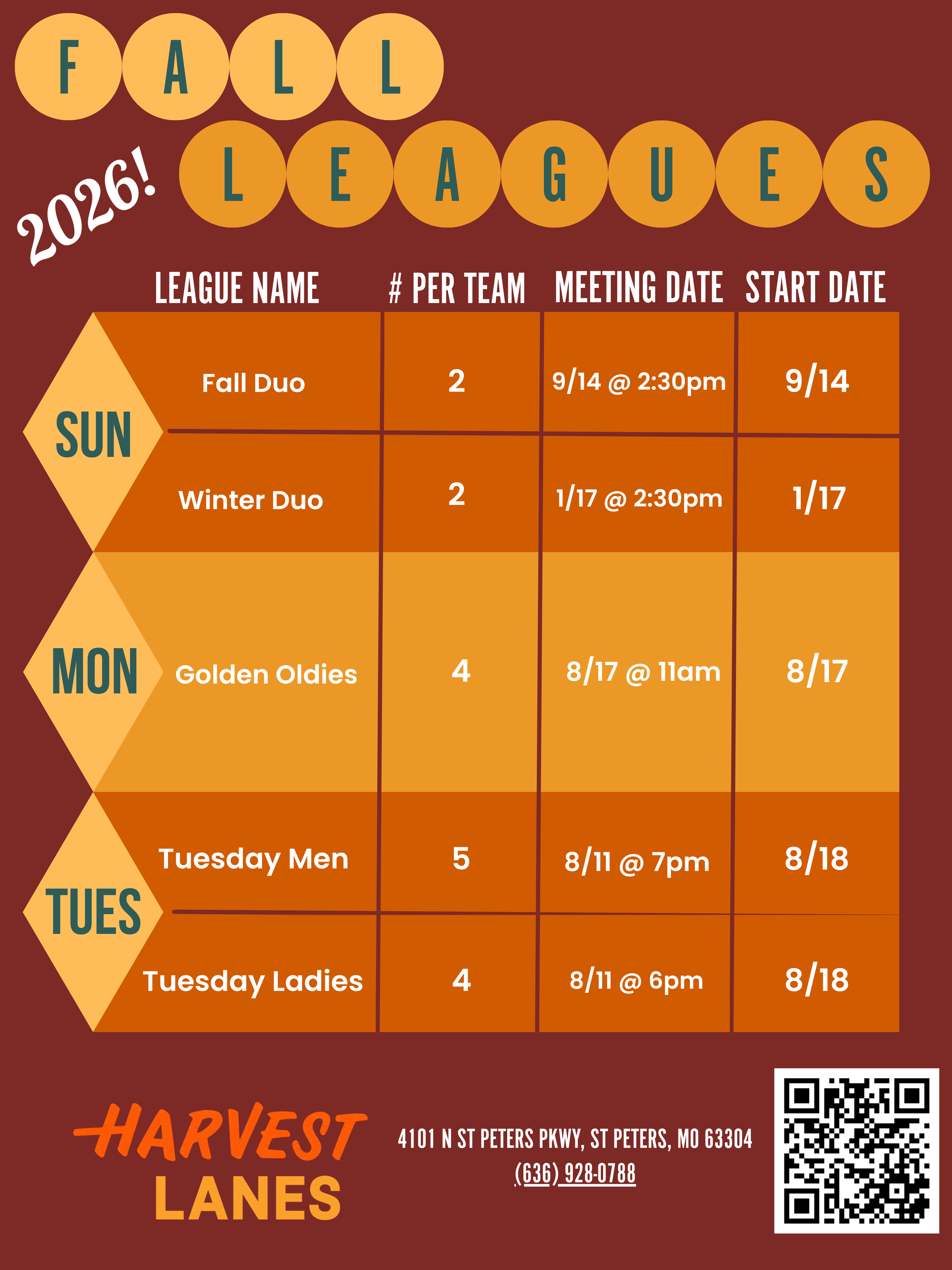 Schedule table for fall 2026 leagues at Harvest Lanes, including league names, number of players per team, meeting and start dates, with address and contact information at the bottom.