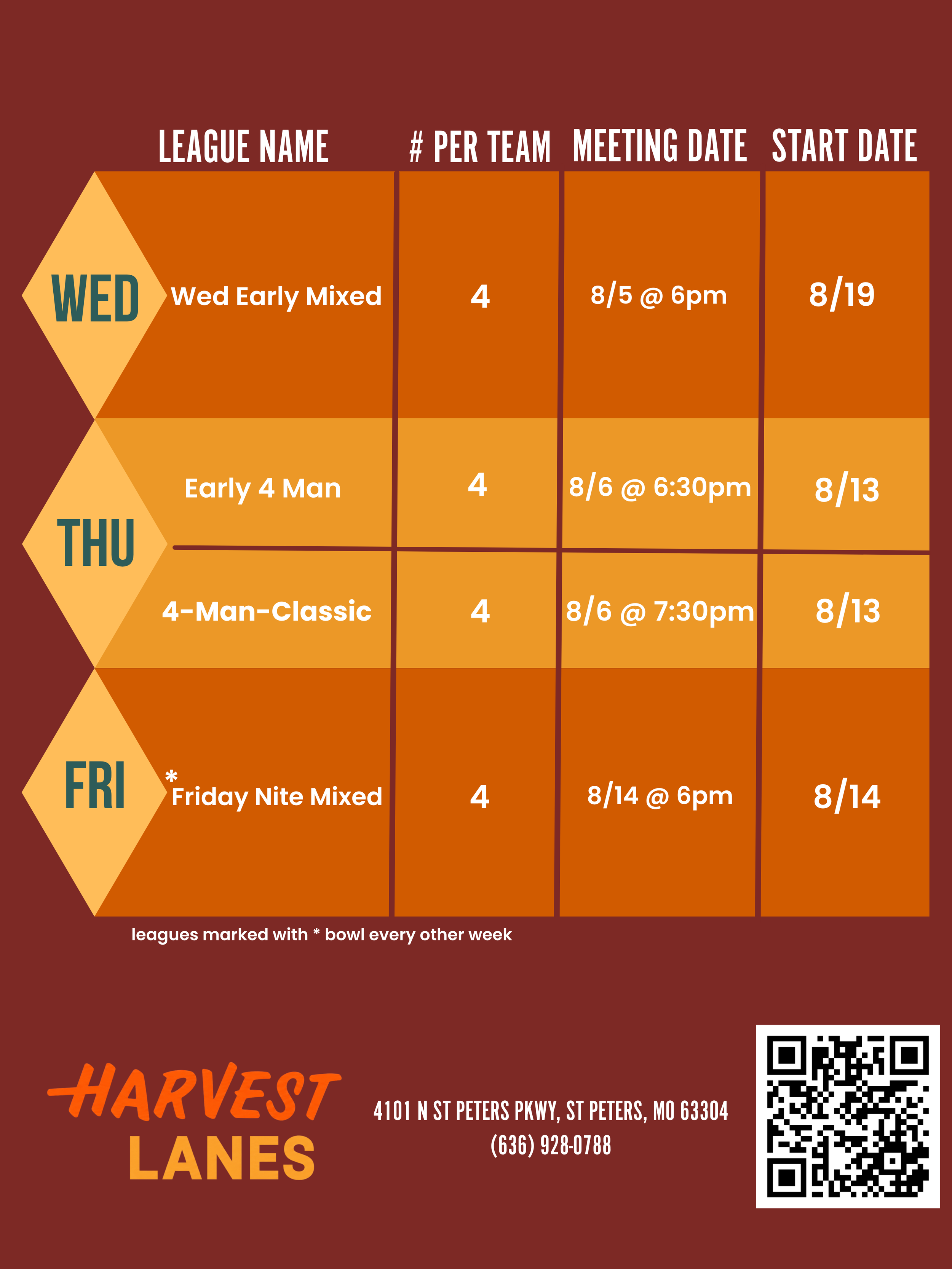 A fall-themed bowling league schedule featuring the league names, number of players per team, meeting dates and times, and start dates, with a QR code at the bottom right corner and the address of the venue at the bottom.