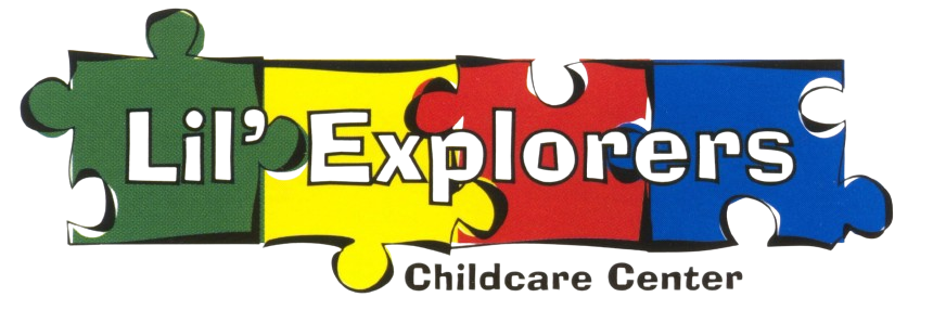 Colorful puzzle piece sign reading "Lila's Explorers Childcare Center" with green, yellow, red, and blue pieces.
