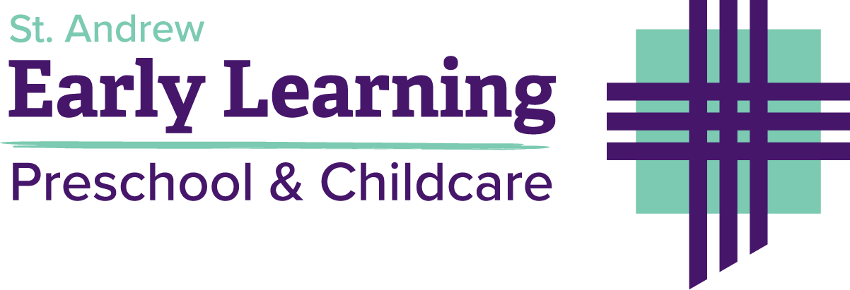 Logo for St. Andrew Early Learning Preschool & Childcare featuring text in purple and teal with a cross-like design.