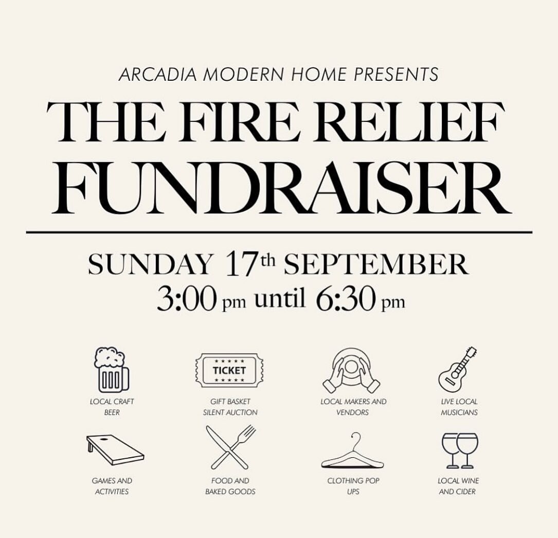 Our little community has been put to the test this summer. We are so honoured to be a part of the fire relief fundraiser hosted by @arcadiamodernhome 

Please come out tomorrow, September 17th, to support !
_________________________

Our beautiful bu