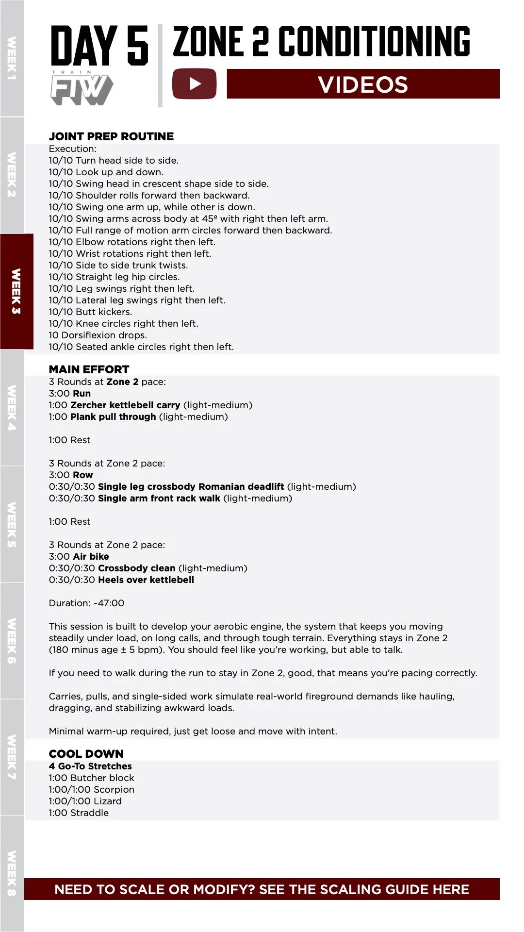 Workout training plan poster for Day 5, Zone 2 Conditioning, including joint prep routine, main effort exercises, cooldown stretches, and a scaling guide.