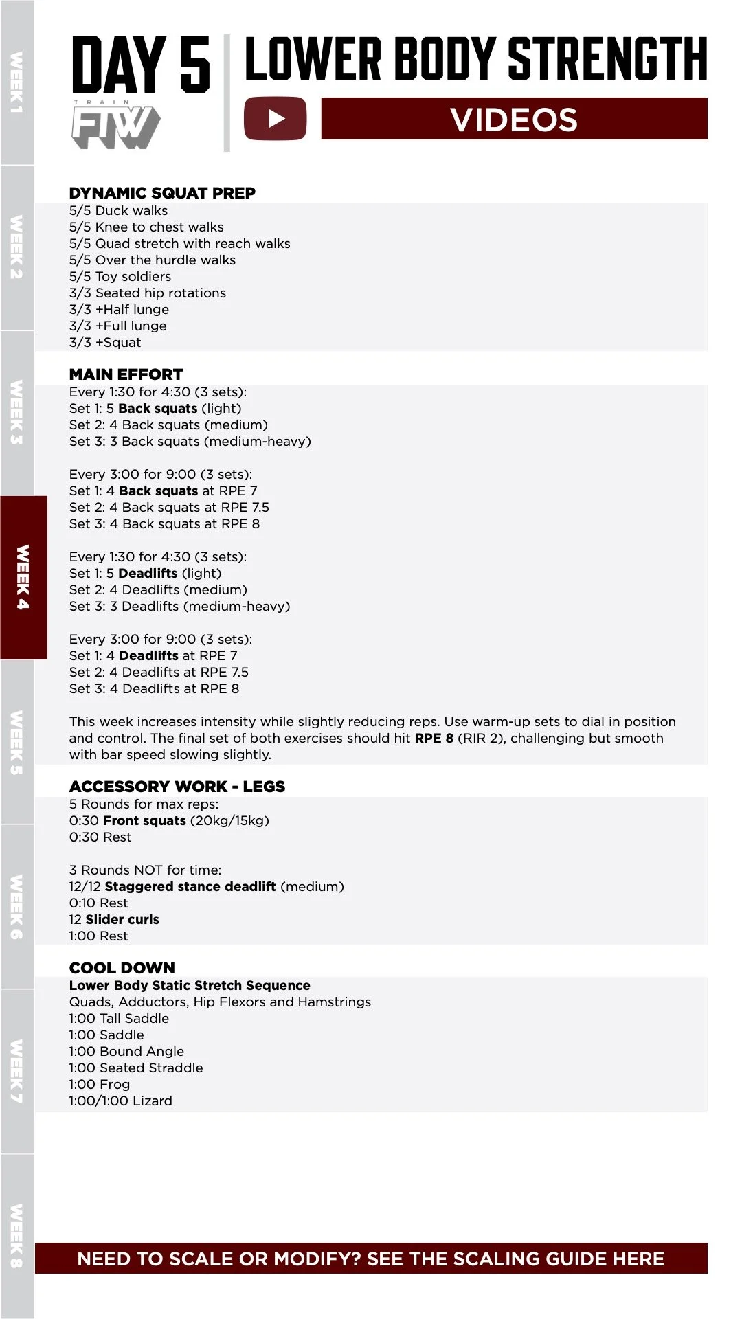 A workout plan focusing on lower body strength, including dynamic squat prep, main exercises with sets of back squats and deadlifts, accessory work for legs, and cool-down stretches, scheduled over multiple weeks.