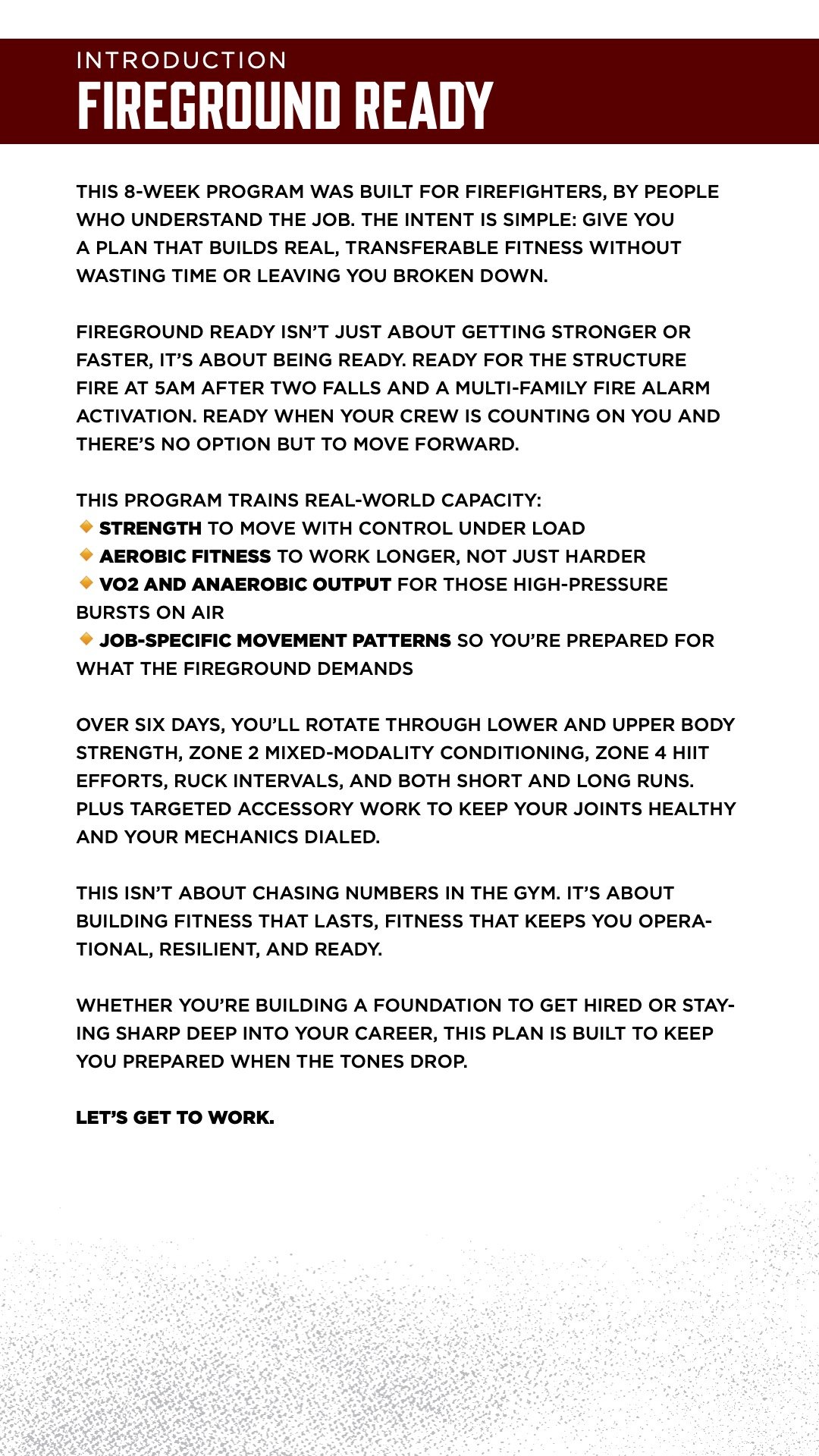 Page from a fitness program guide titled 'Fireground Ready' describing a training plan for firefighters, emphasizing strength, aerobic fitness, VO2 and anaerobic output, and job-specific movement patterns.