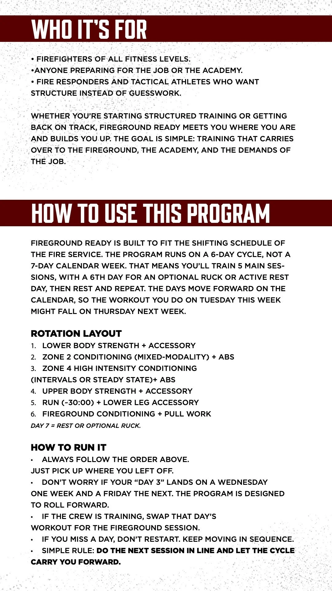 A printed informational poster with white text on a red background at the top and bottom sections, providing guidance on a fitness and training program for firefighters, tactical athletes, and those preparing for related jobs.
