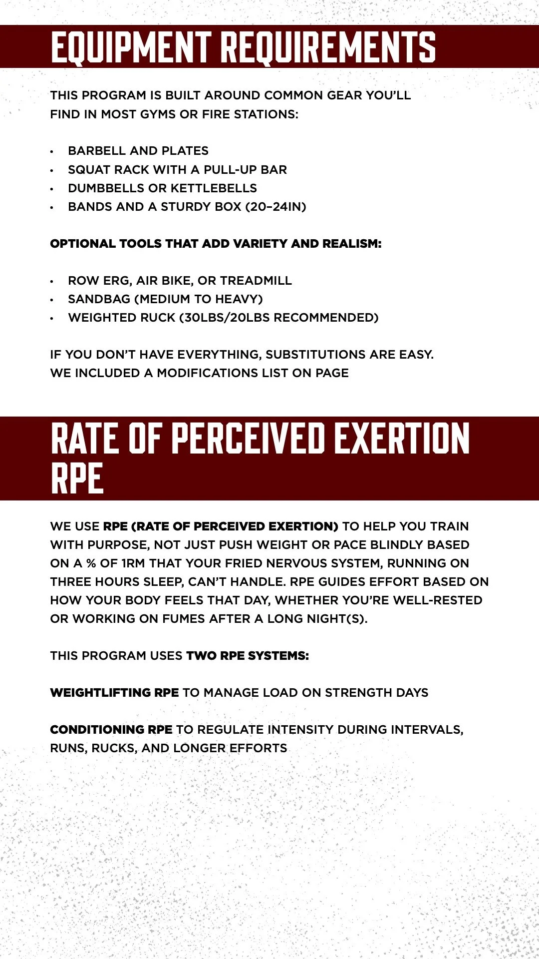 A printed informational guide with heading 'Equipment Requirements' listing necessary gym gear and optional tools for training, including barbells, plates, squat rack, dumbbells, bands, and a sturdy box. It also suggests substitute tools. Below, ther