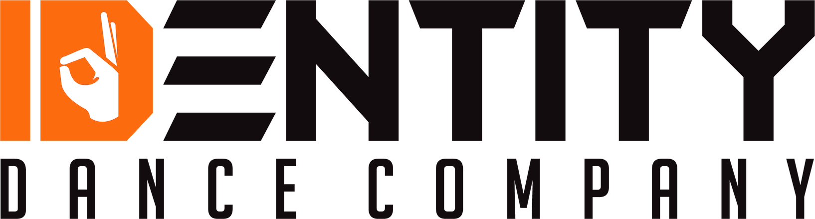Logo with a black background featuring a white hand symbol making the 'OK' gesture, enclosed in an orange hexagon, alongside the black text "ENTITY Dance Company".