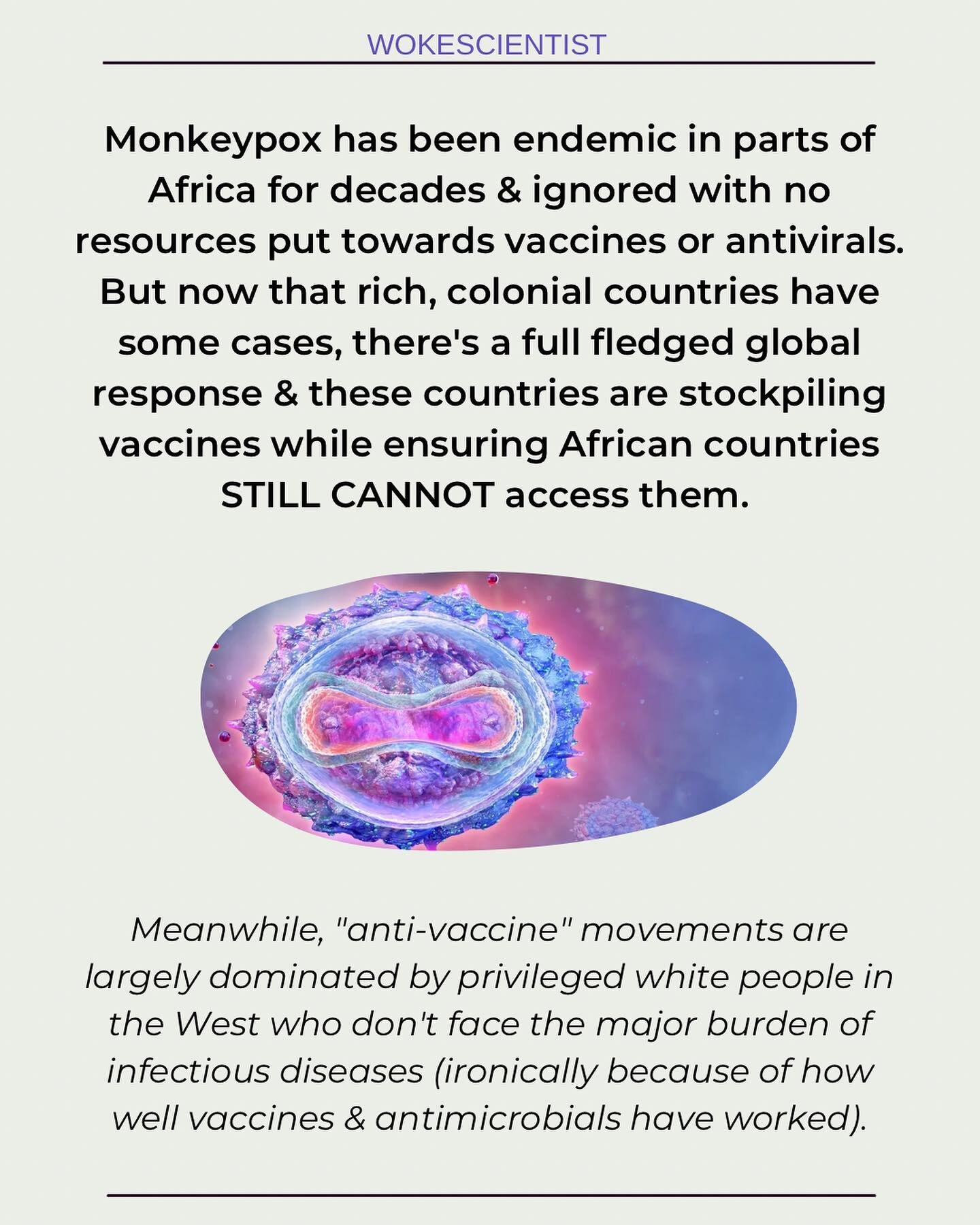 There&rsquo;s been a lot of convos about inequity &amp; social injustice regarding monkey pox- a massive aspect ignored with any &ldquo;global health crisis&rdquo; is that it only becomes a global concern when rich, colonial countries are impacted in