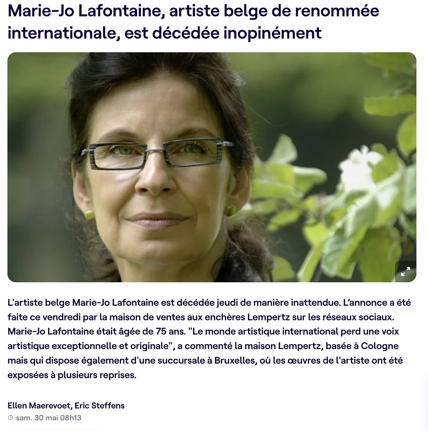 Marie-Jo Lafontaine, artiste belge de renommée internationale, est décédée inopinément