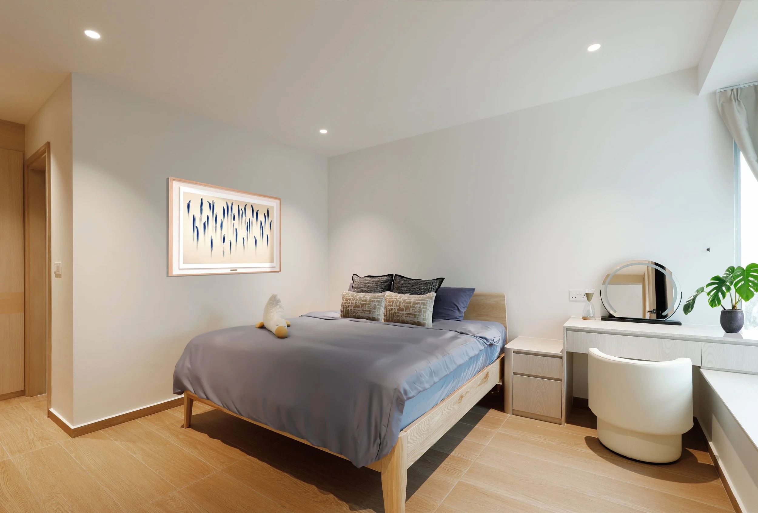 Warm MUJI-inspired master bedroom at Kovan Melody Condo Singapore with soft tones, natural textures and calm minimalist interior design