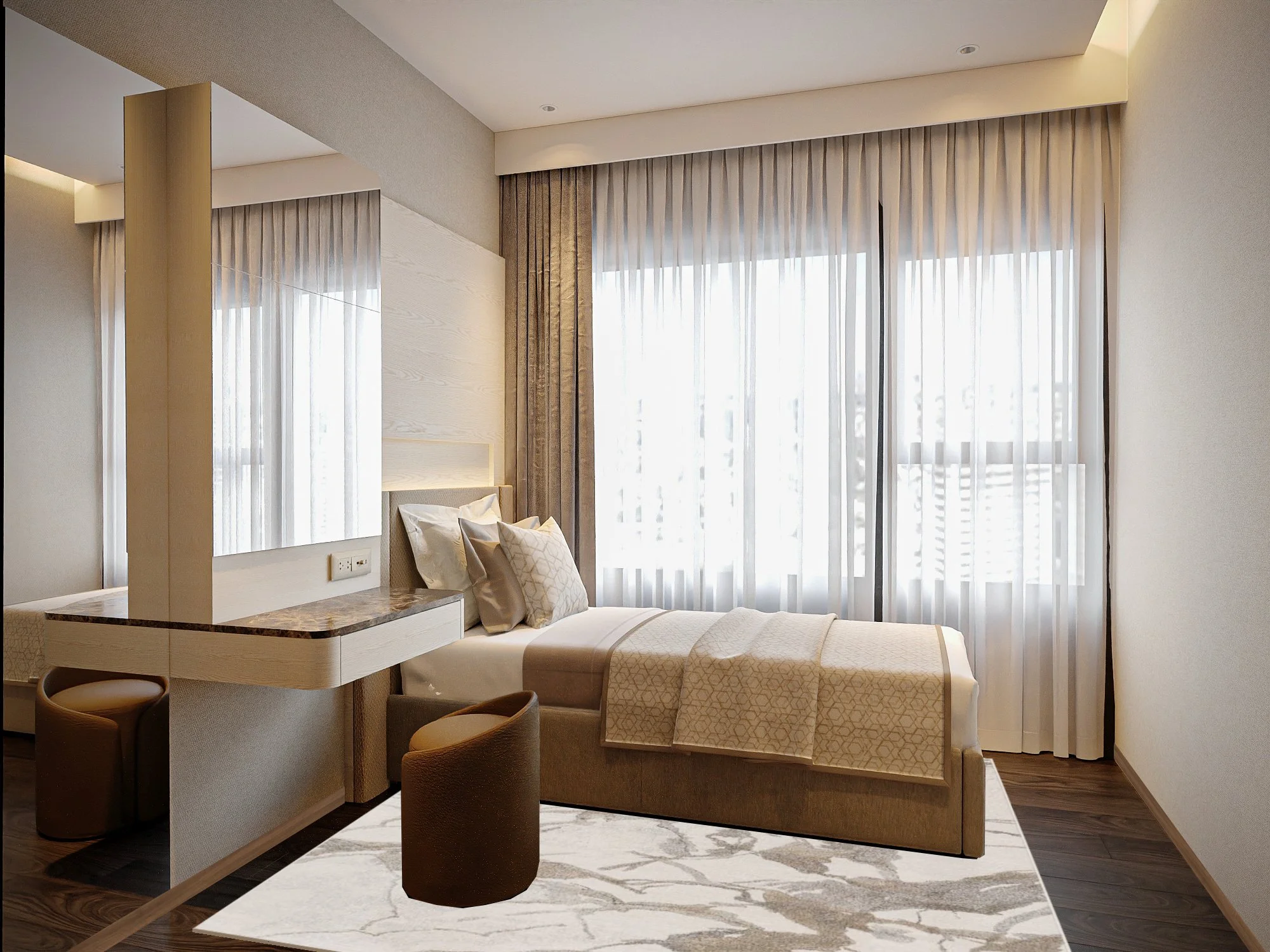 Girls bedroom in Midtown Modern condo featuring soft colours, functional layout and cosy design details