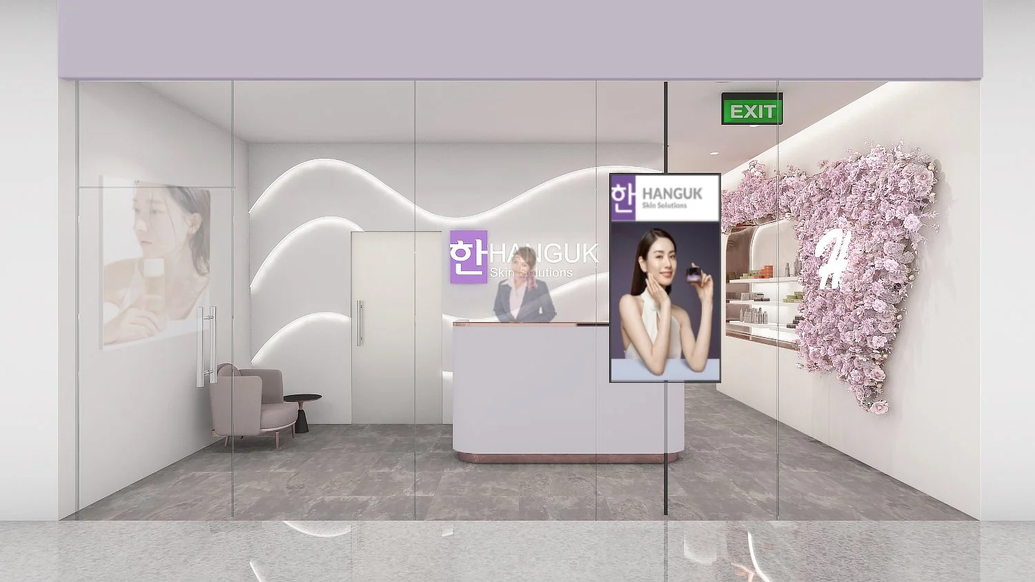 Bright and calming reception at HANGUK Skin Solutions Orchard featuring soft neutral tones, refined finishes, and a welcoming layout designed to enhance client comfort and elevate the aesthetic clinic experience in Singapore.