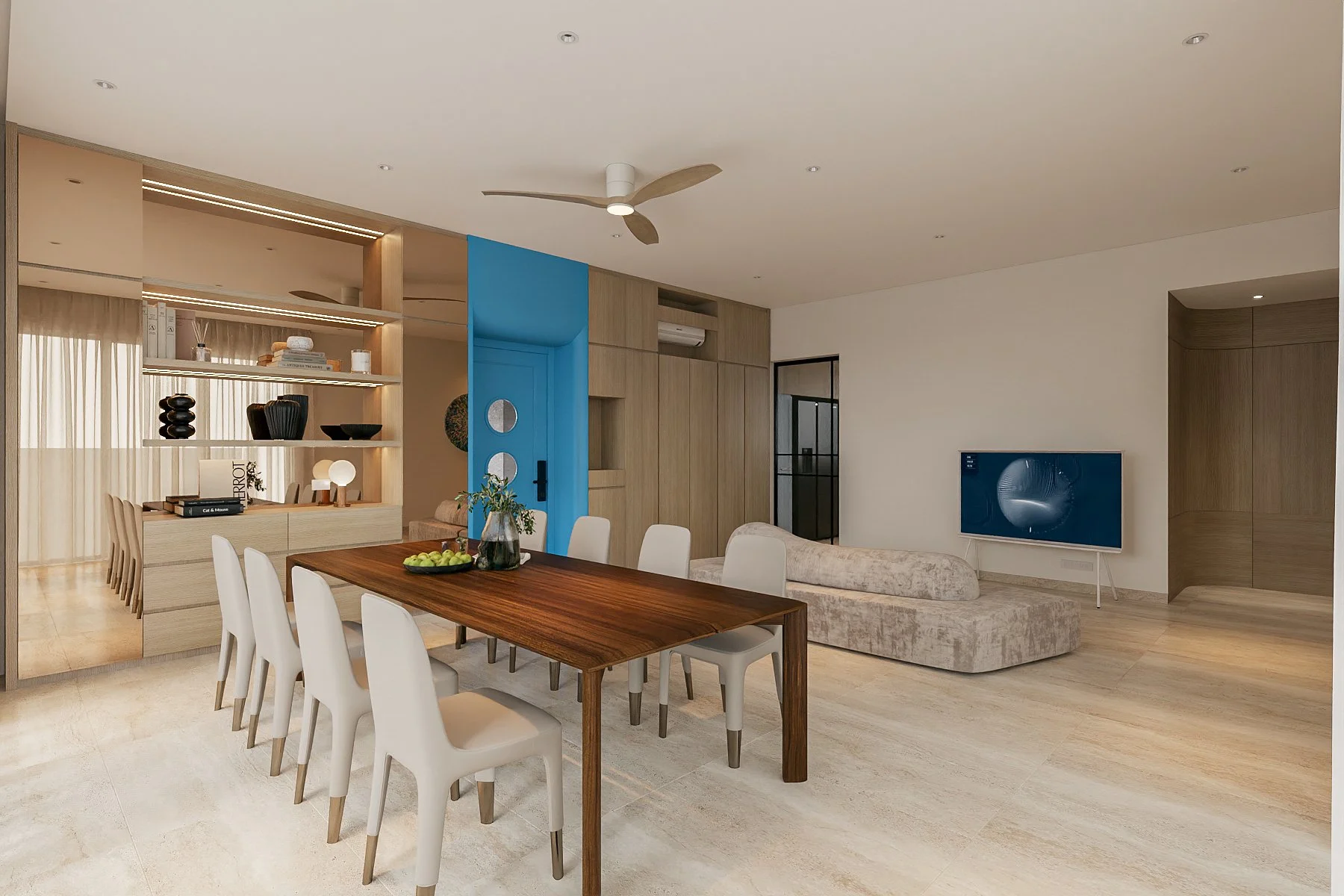 Coastal luxury living room at Caribbean Keppel Bay Singapore featuring sea view inspired interior design, soft neutral tones, elegant textures and refined detailing by Sketchworkdesignstyle