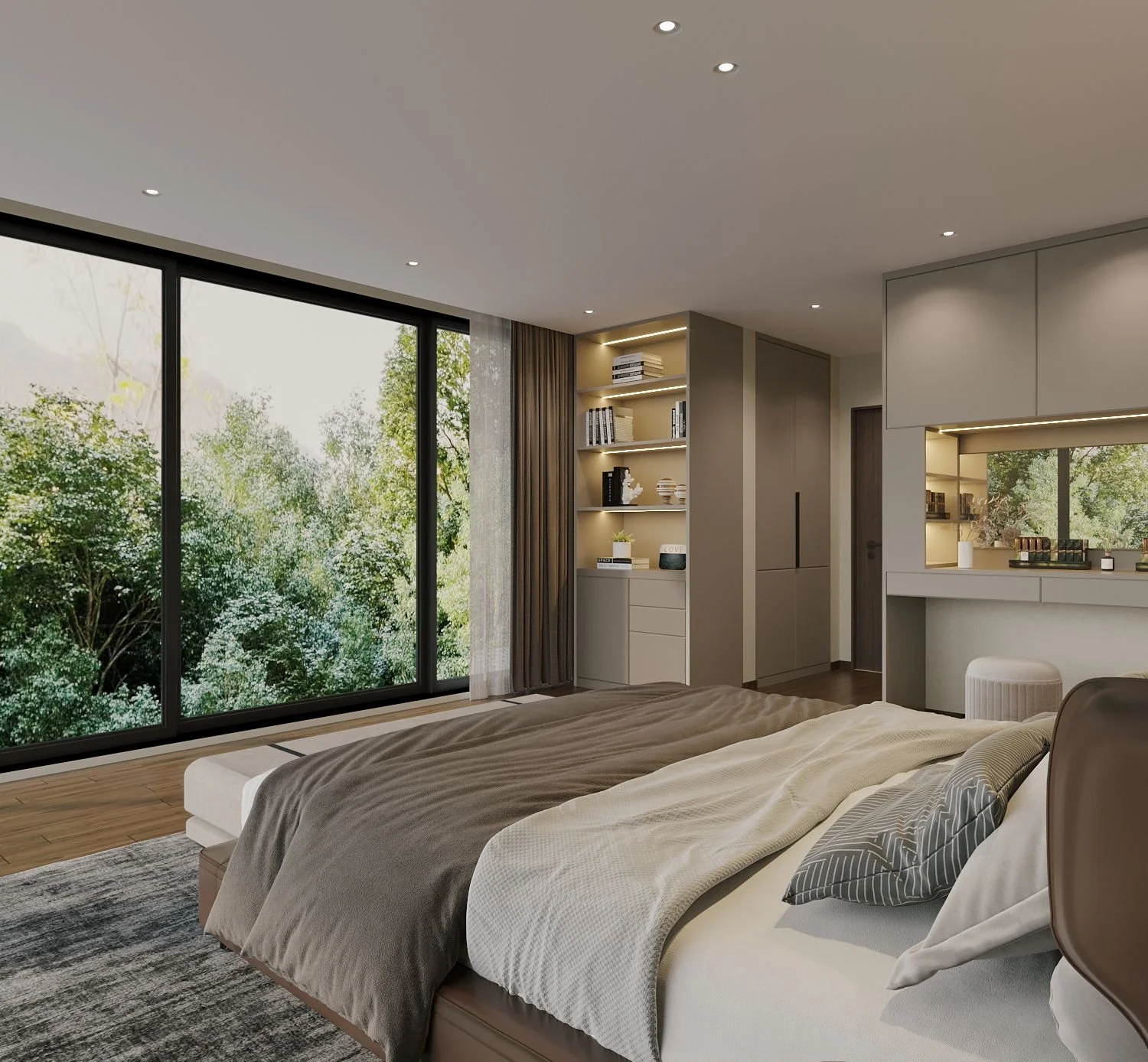 Master suite at Sunset Heights featuring a walk-in wardrobe and private study room, designed with a cohesive layout and refined contemporary interior