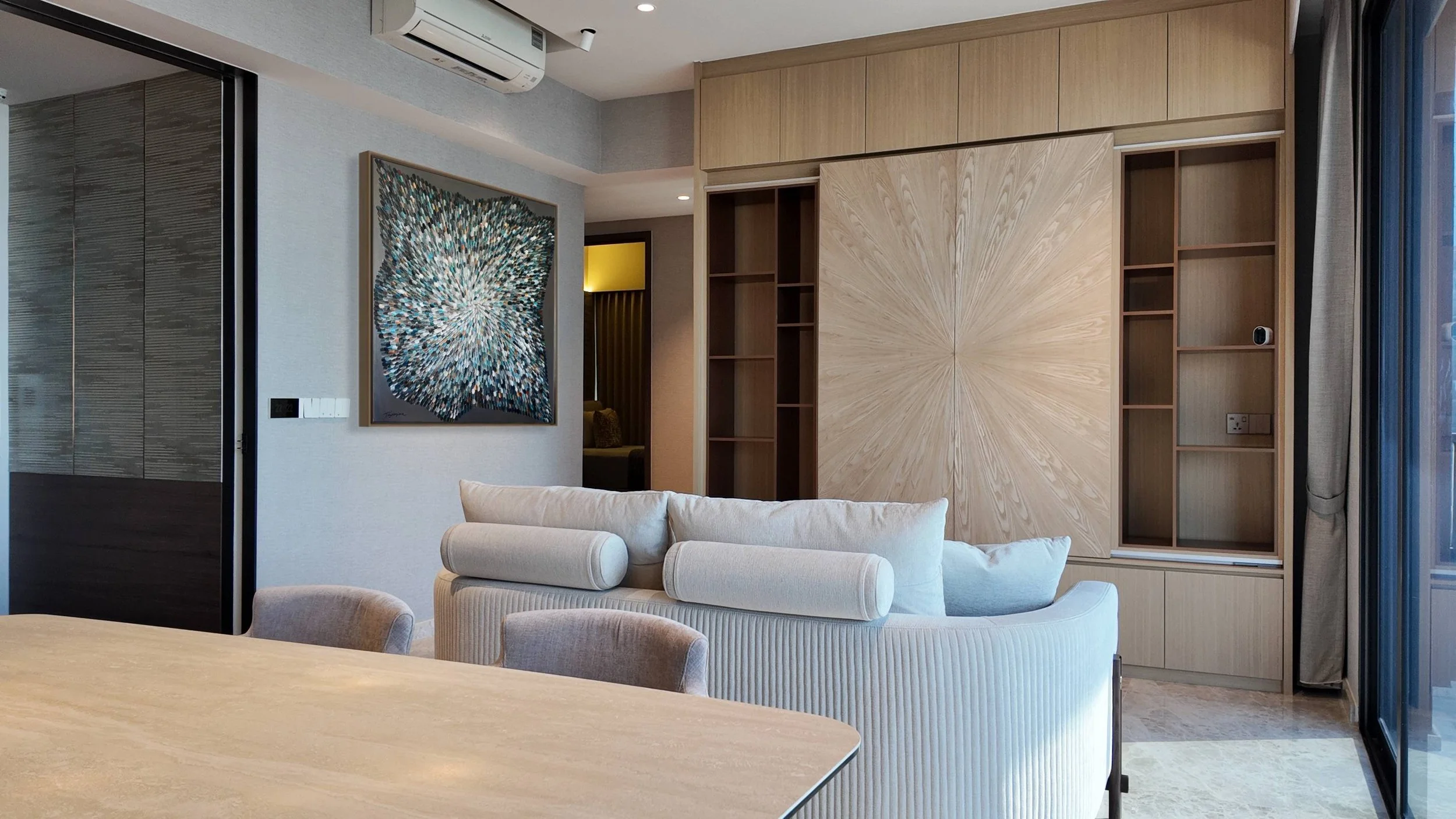 Girls bedroom in Midtown Modern condo featuring soft colours, functional layout and cosy design details