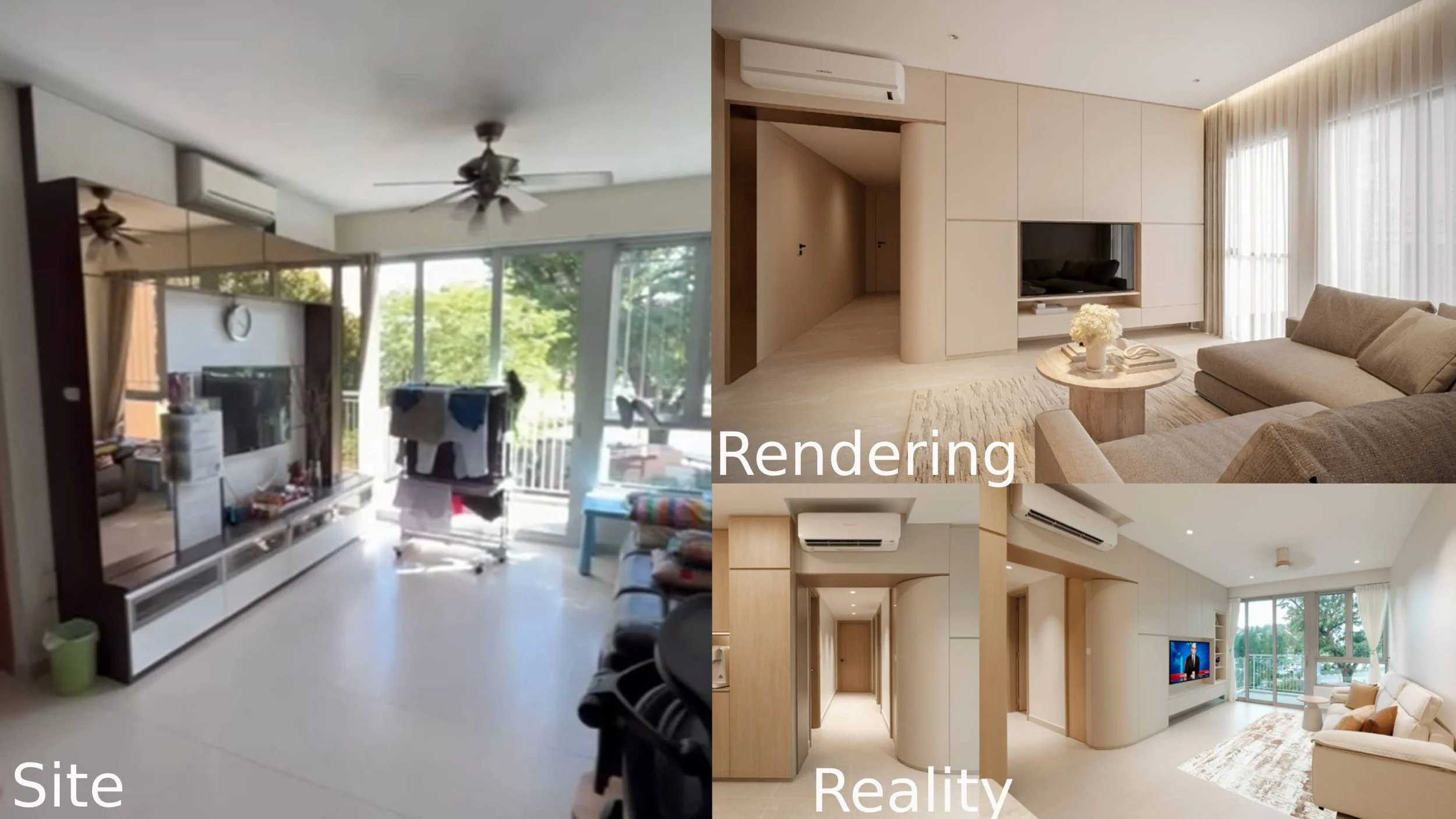 Comparison of a living room photo with a rendered interior design. The actual site shows a cluttered living room with bright natural light, while the rendering displays a modern, minimalist living room with neutral tones and clean lines. The rendered images include different angles and design styles.