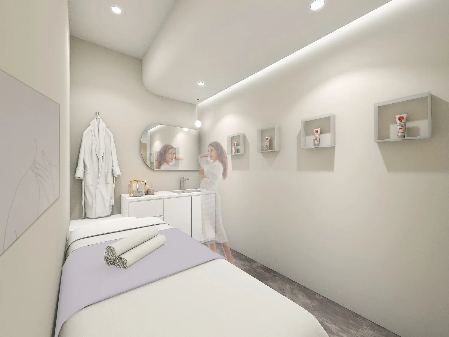 Calm facial treatment room at HANGUK Skin Solutions Orchard Singapore featuring soft lighting, clean detailing, and a refined spatial layout designed to enhance skincare treatments, client relaxation, and overall wellness experience.