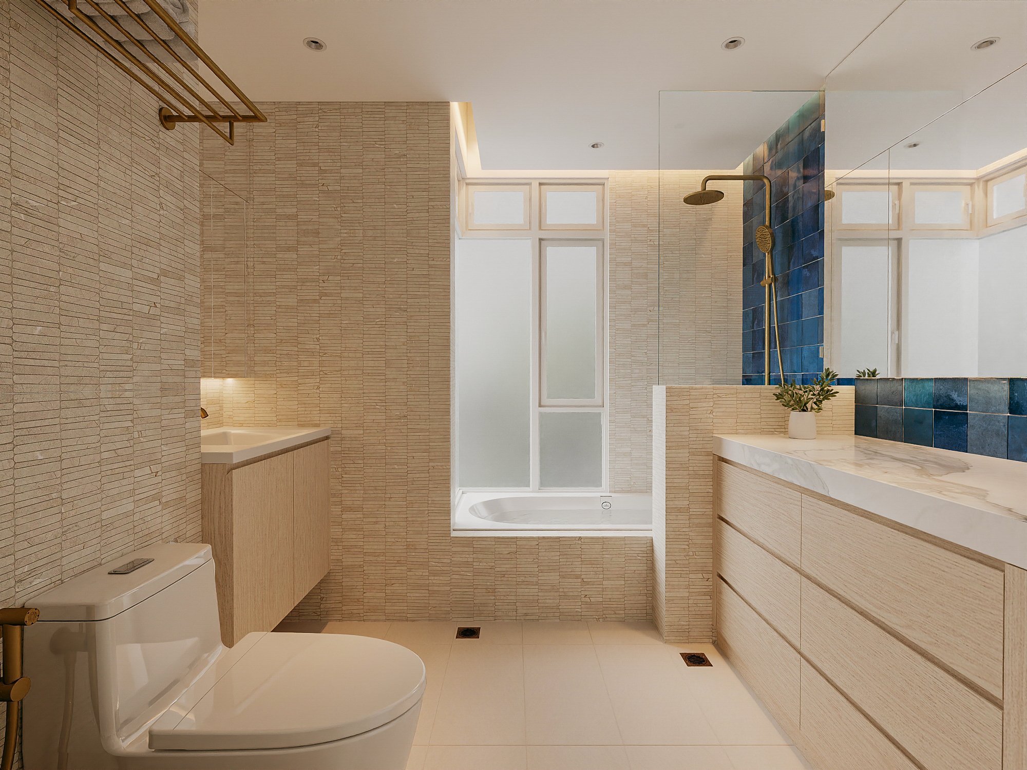 Luxury coastal bathroom at Keppel Bay Singapore designed with modern elegance, clean lines and a tranquil sea-inspired concept
