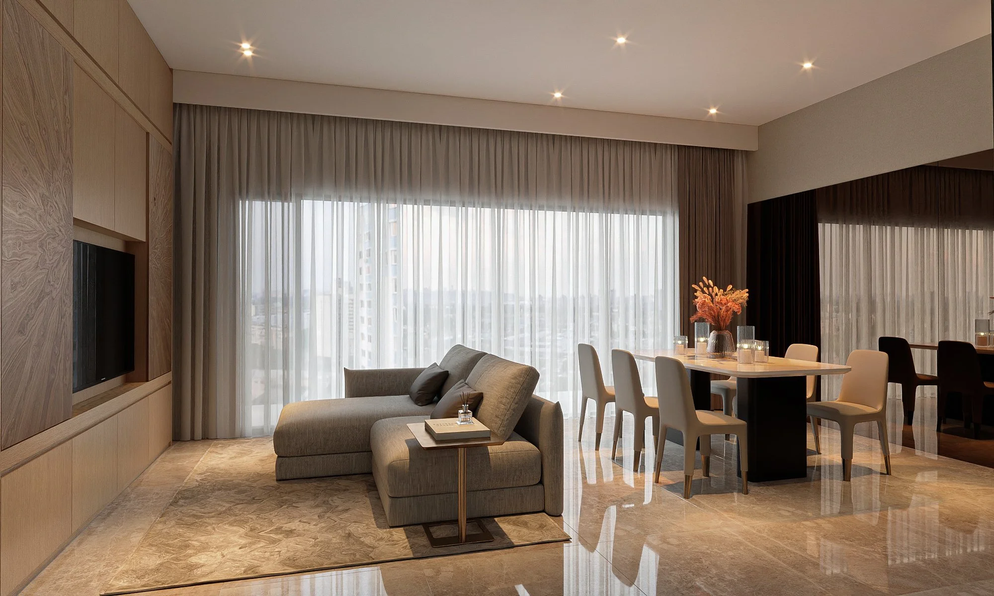 Midtown Modern condo interior design in Singapore with refined modern living room, warm tones, clean lines and thoughtfully planned layout by Sketchworkdesignstyle