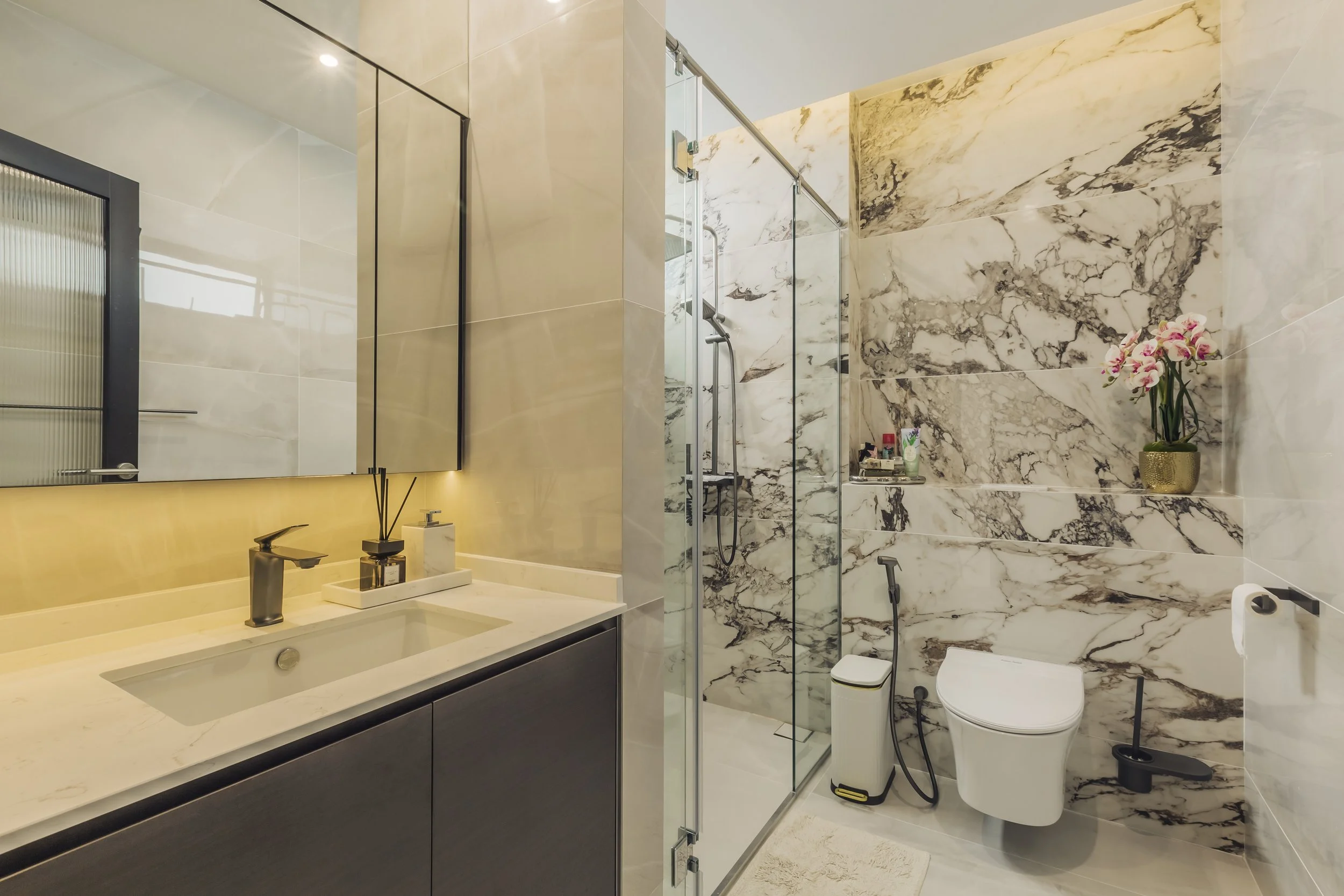 Luxury master bathroom in Sin Ming Bishan condo with elegant finishes, modern European design and refined detailing Singapore