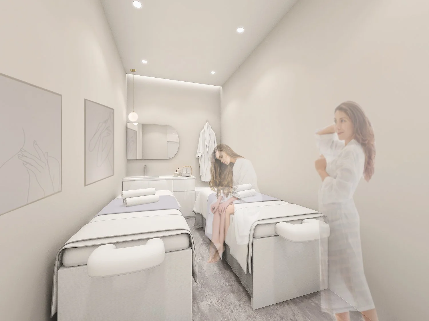 Luxury couple treatment room at HANGUK Skin Solutions Orchard Singapore designed with soft ambient lighting, neutral tones, and a private dual-bed layout to enhance shared wellness experiences, comfort, and refined client care in a premium aesthetic 