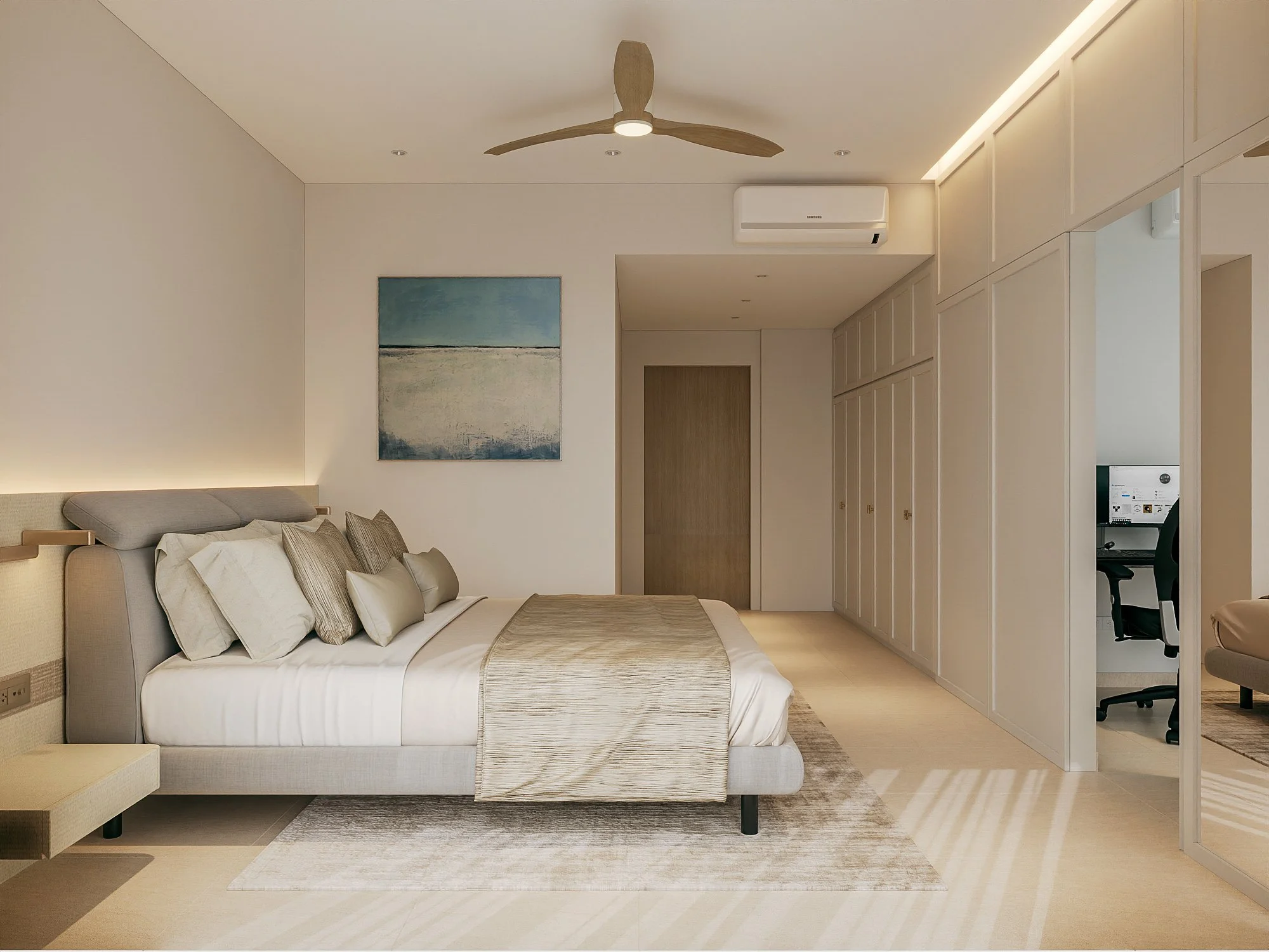 Coastal luxury master bedroom at Caribbean Keppel Bay Singapore with soft tones, serene ambiance and sea-inspired interior design for restful living