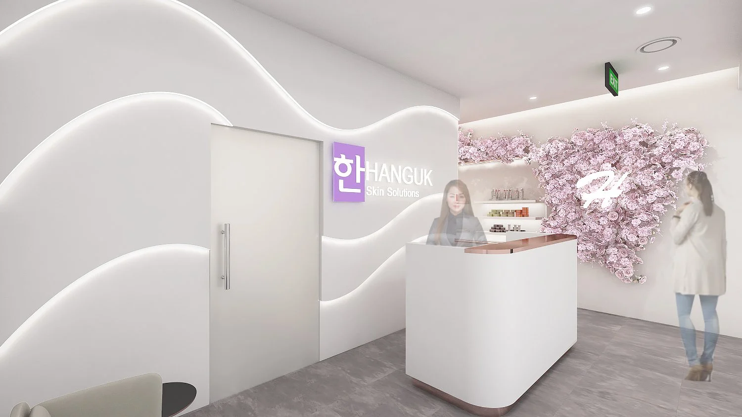 Bespoke floral feature wall at HANGUK Skin Solutions Orchard designed as a visual focal point, creating a soft, elegant backdrop that enhances branding, client experience, and social media moments within the clinic interior.