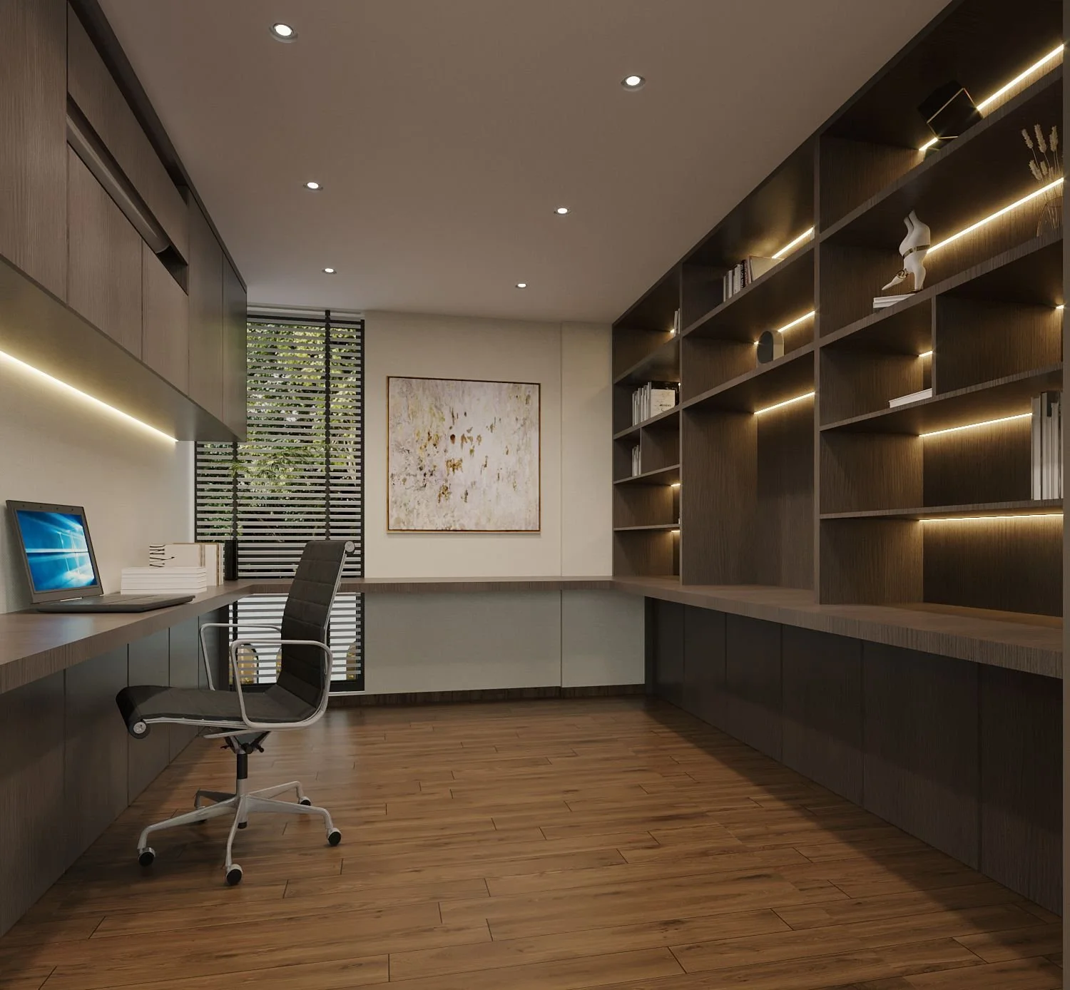 Private work and meeting room within Sunset Heights master suite featuring a quiet environment, built-in workspace and a refined contemporary design